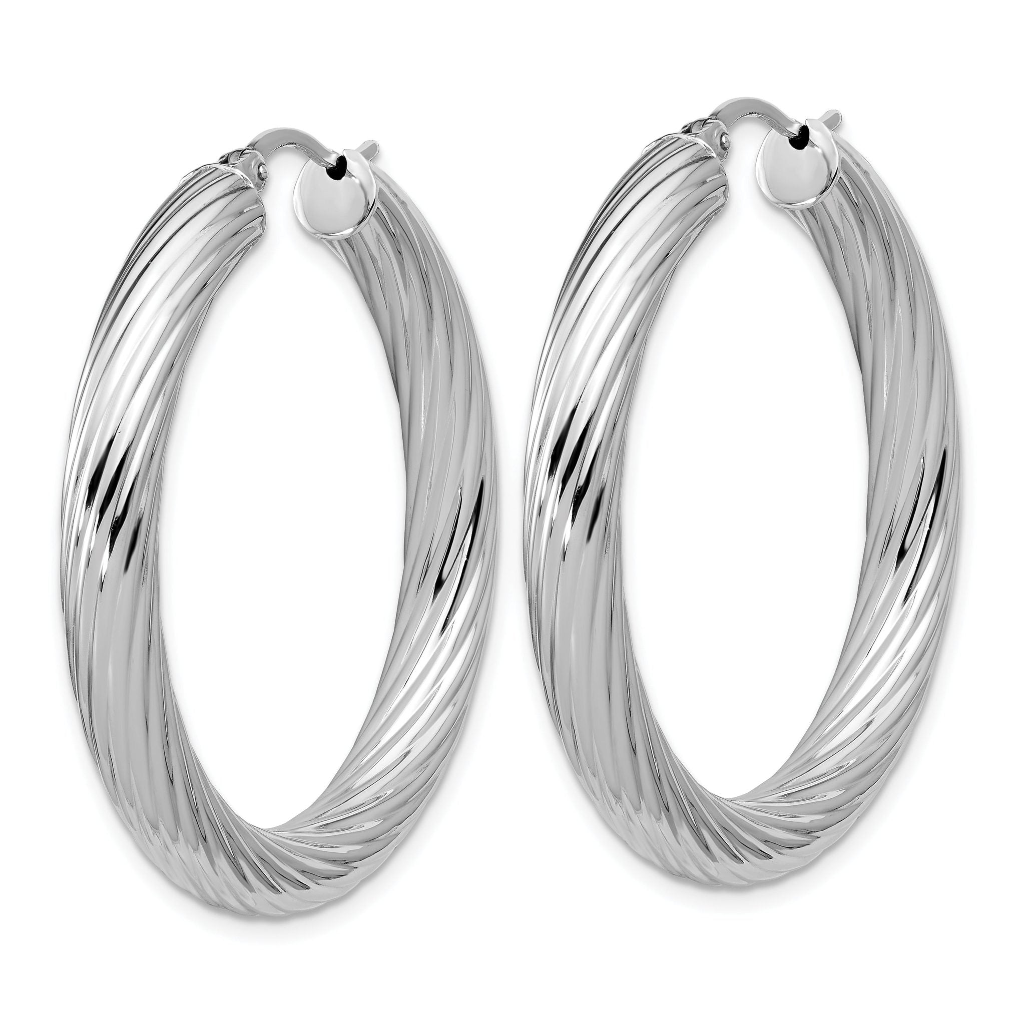 Sterling Silver RH-plat Polish/Grooved Round Hoop Earrings