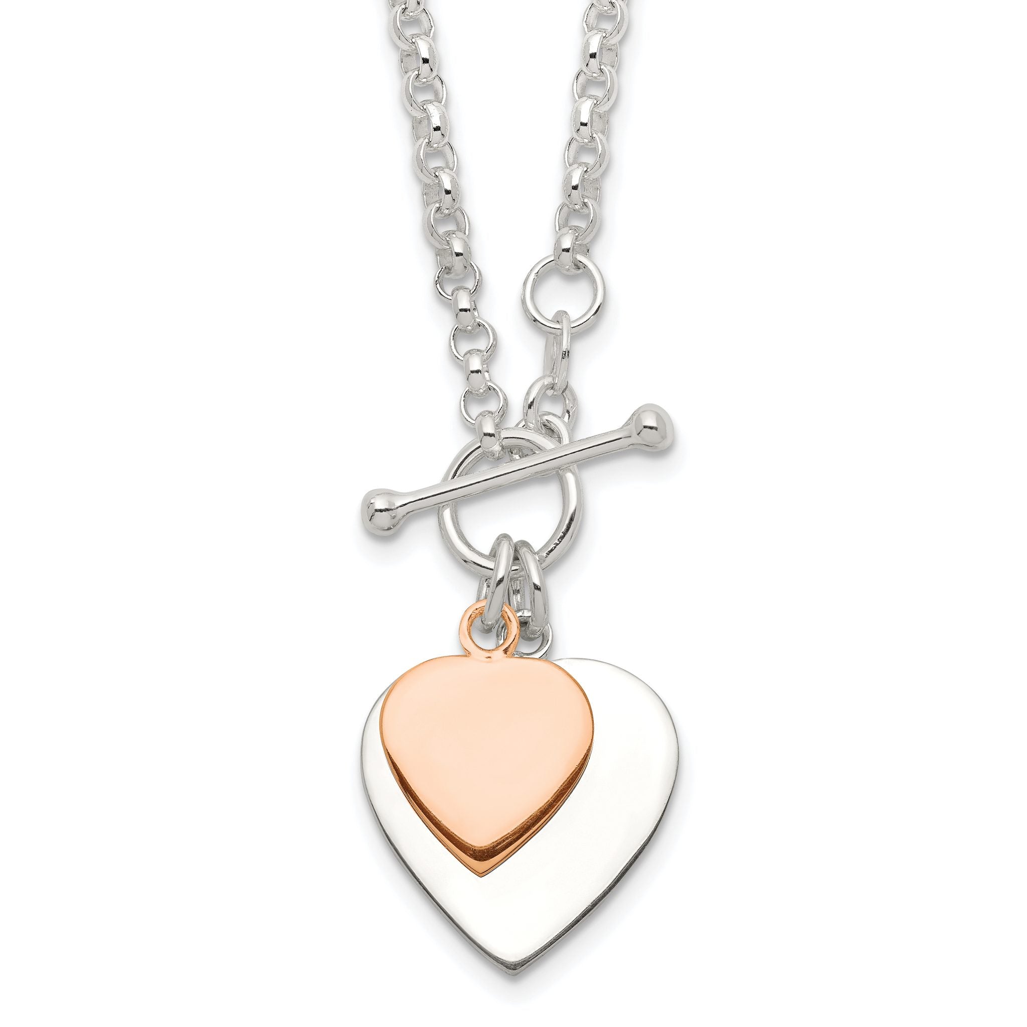 Sterling Silver With Rose gold-plat Engraveable Double Heart Toggle Necklace Main image