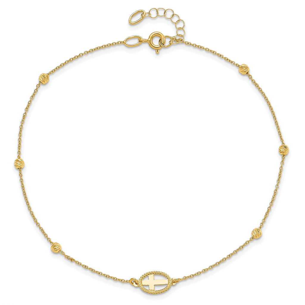 14K Oval Cross and Diamond-cut Beads 9.5 inch Plus 1 inch Extender - Total 10.5 inch Anklet
