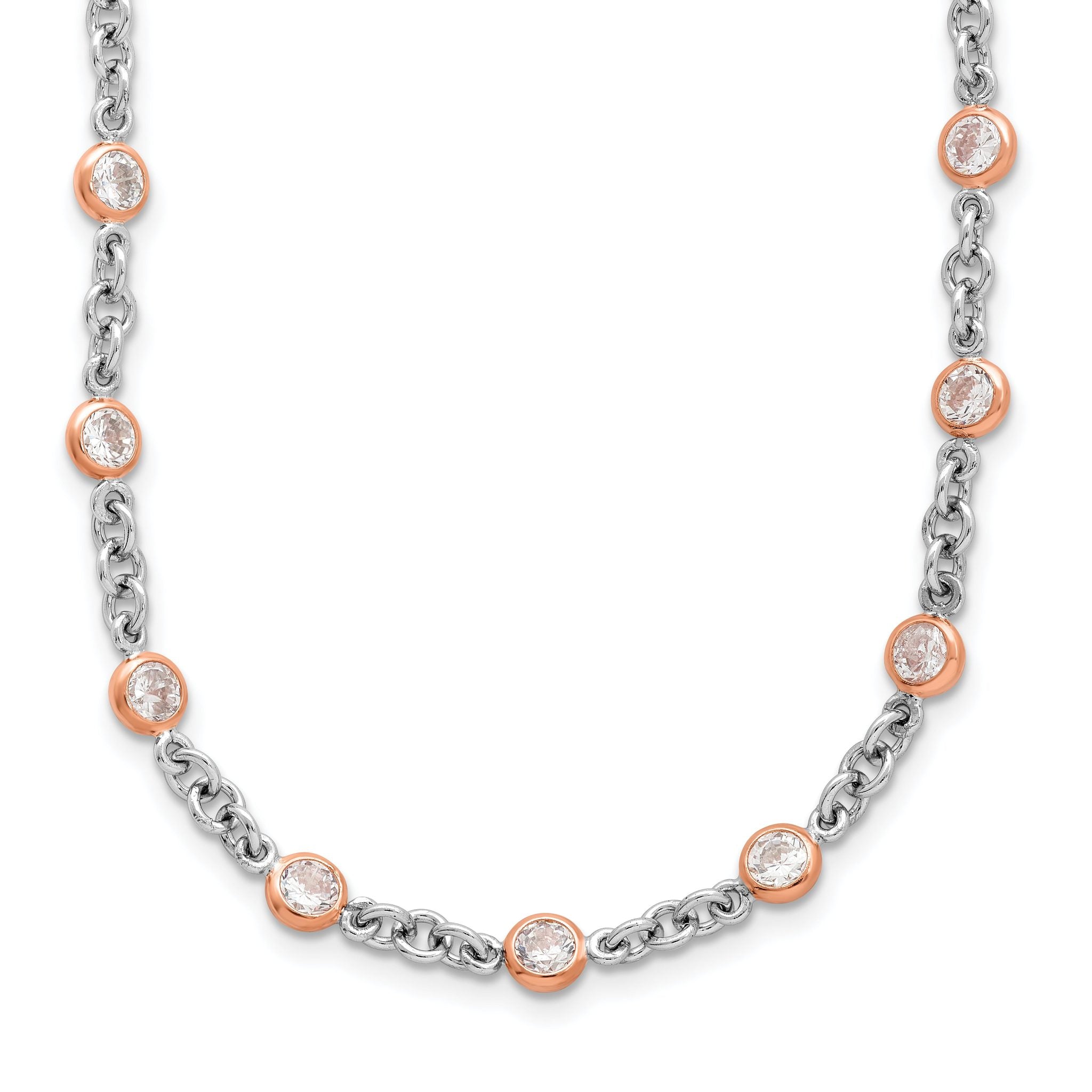 Cheryl M Sterling Silver Rhodium-Rhodium-Plated and Rose Gold-plated Accent Brilliant-cut CZ Bezel 42 Station 24 Inch Necklace