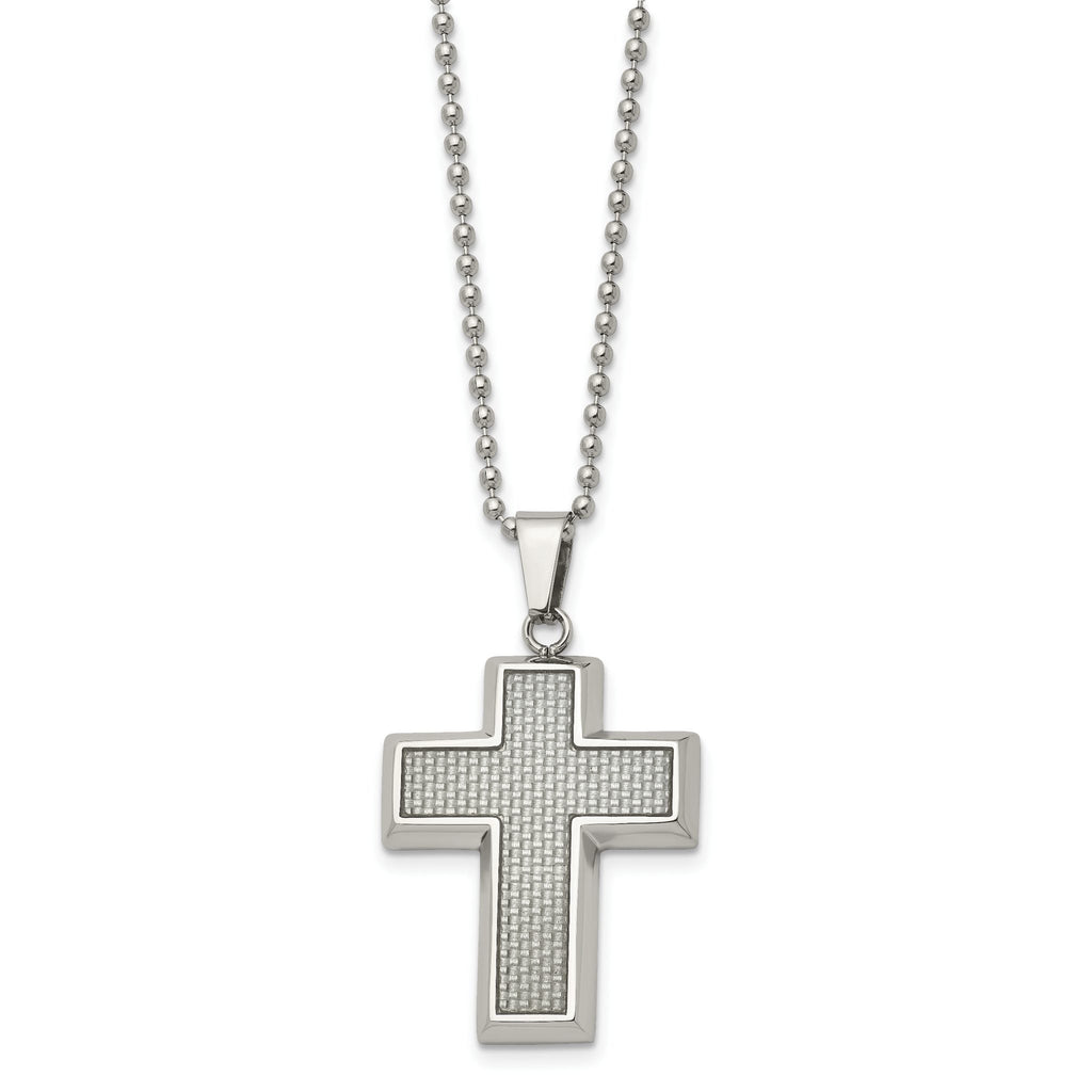 Stainless Steel Men's Cross Pendant Necklace with Grey Carbon Fiber Inlay