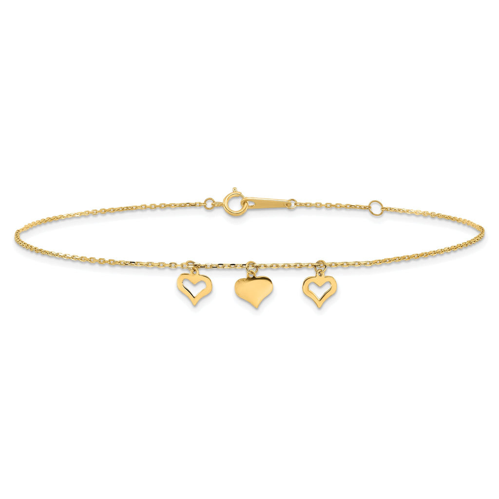 14k Three Heart Dangles 9 inch Plus 1 inch Extender - Total 10 inch Anklet