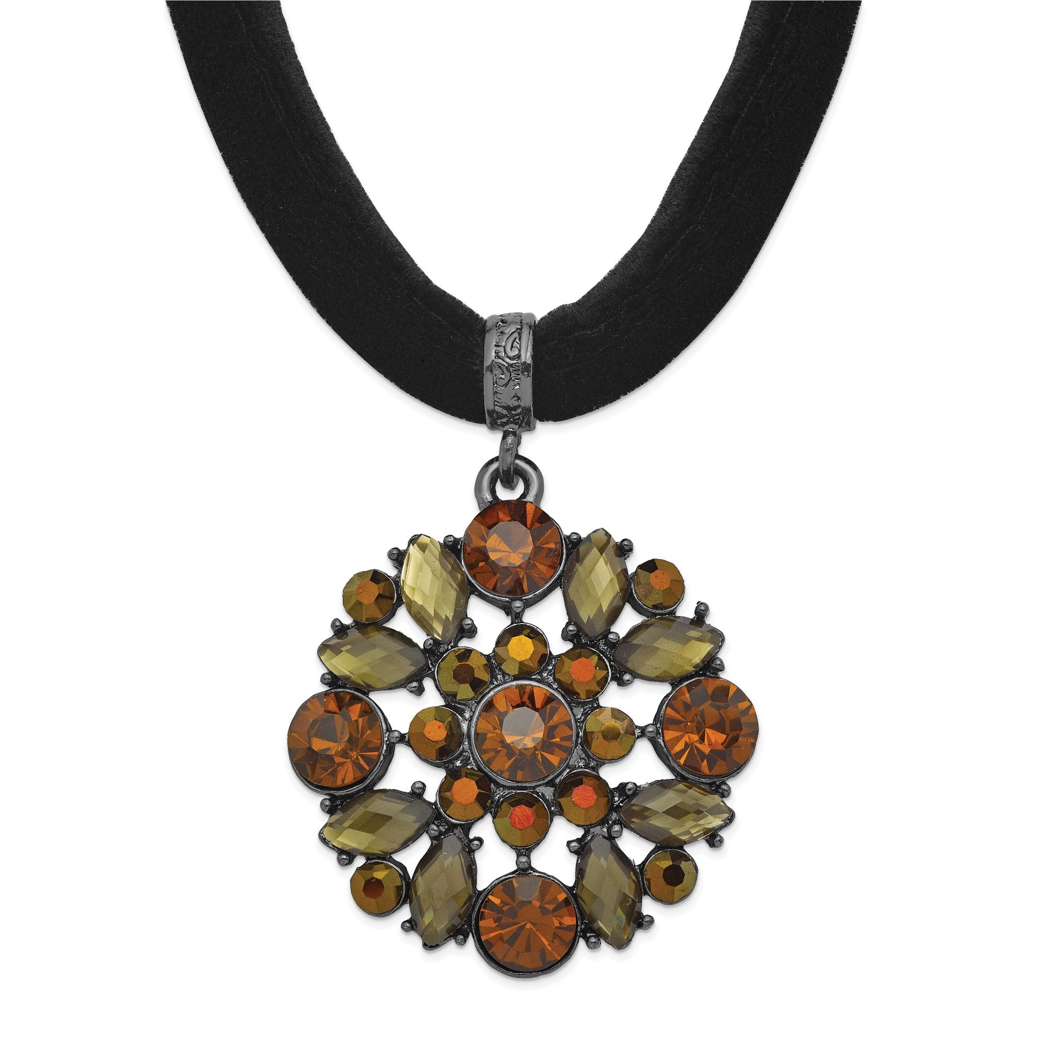 1928 Jewelry Black-plated Brown Smokey and Dark Colorado Glass & Acrylic Beads Adjustable 16 inch Black Velour Cord Necklace with 3 inch extension Main image