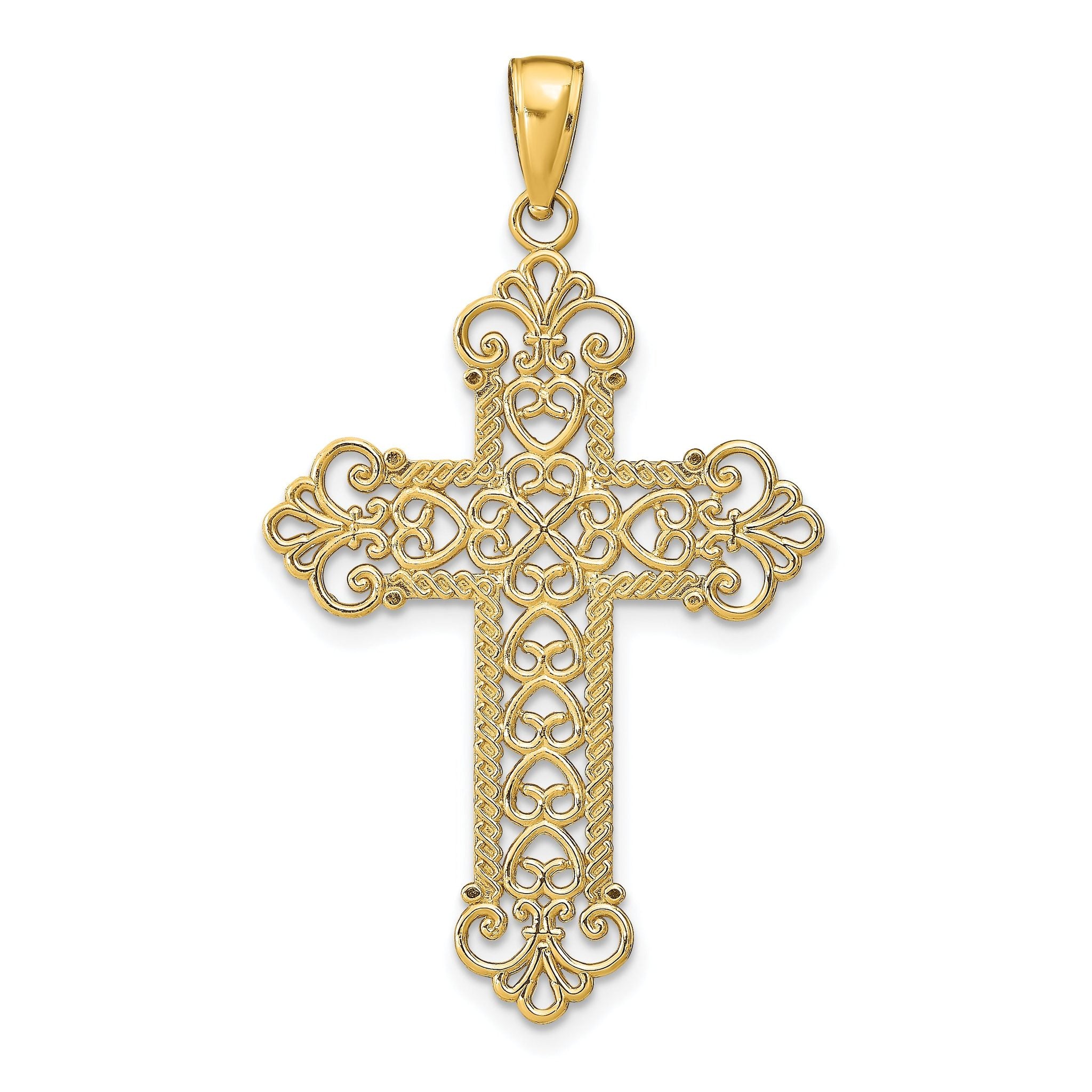 14K Gold Polished Filigree Cross Pendant with Large Rope Frame Main image