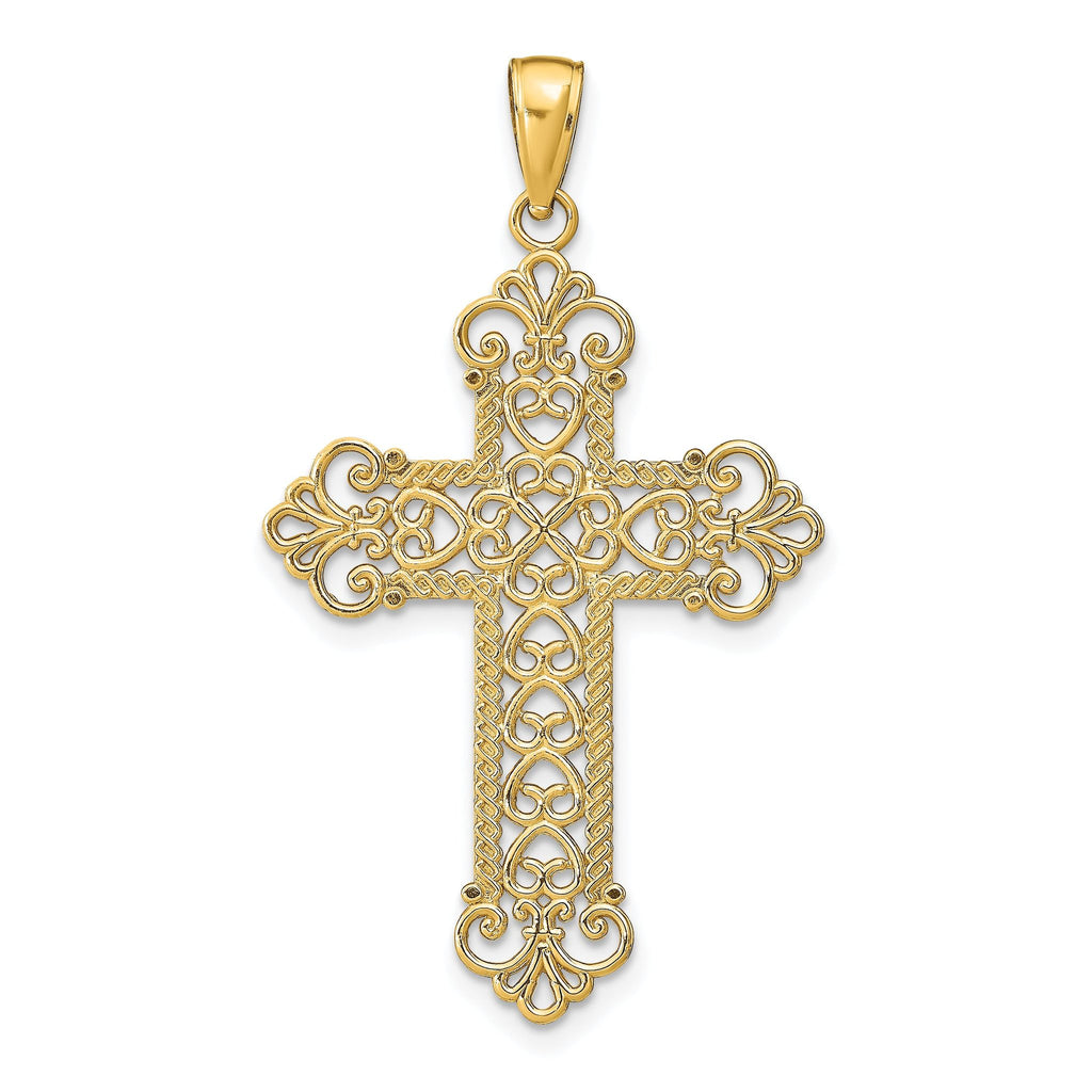 14K Gold Polished Filigree Cross Pendant with Large Rope Frame