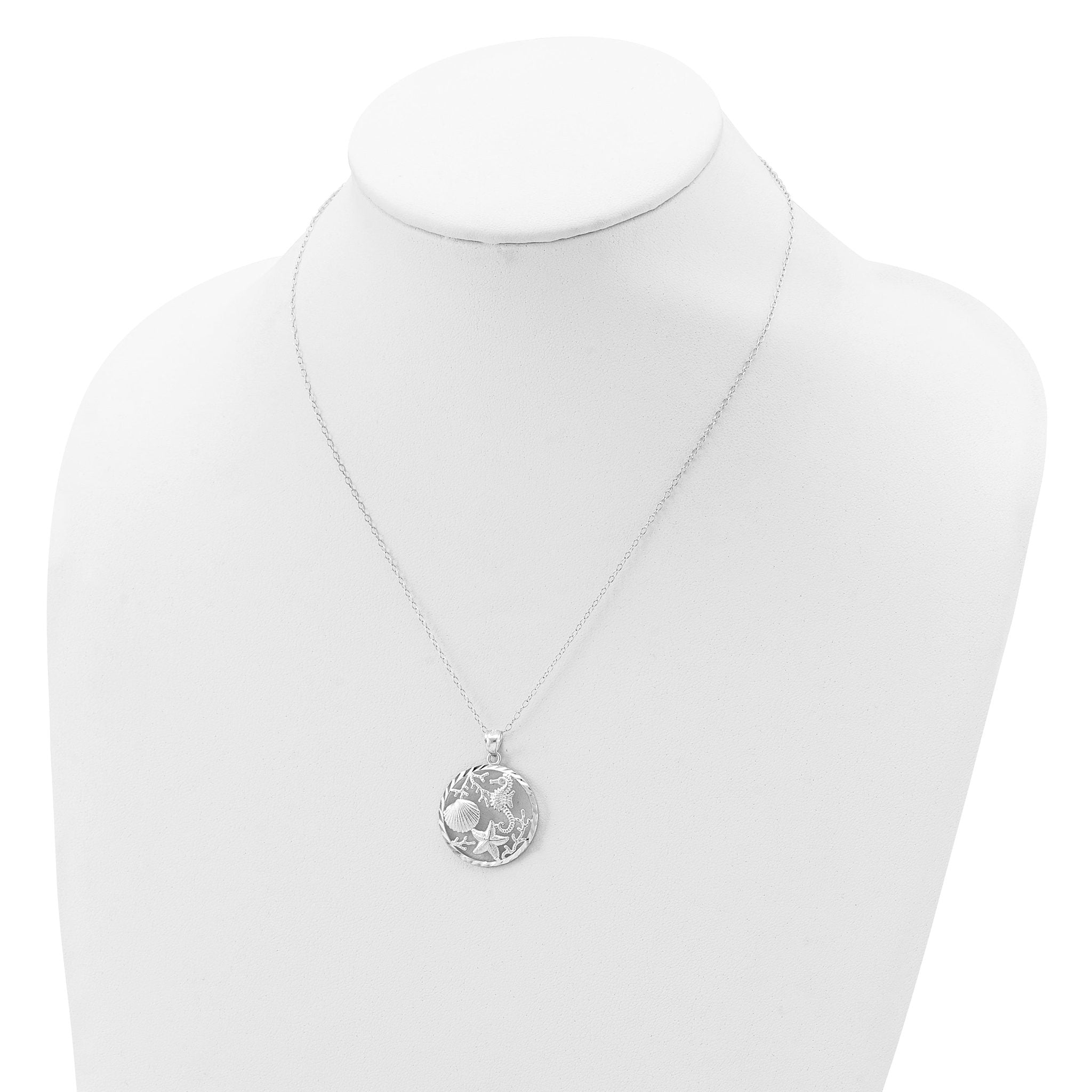 Sterling Silver Rhodium-plated Seahorse, Starfish and Shell Pendant