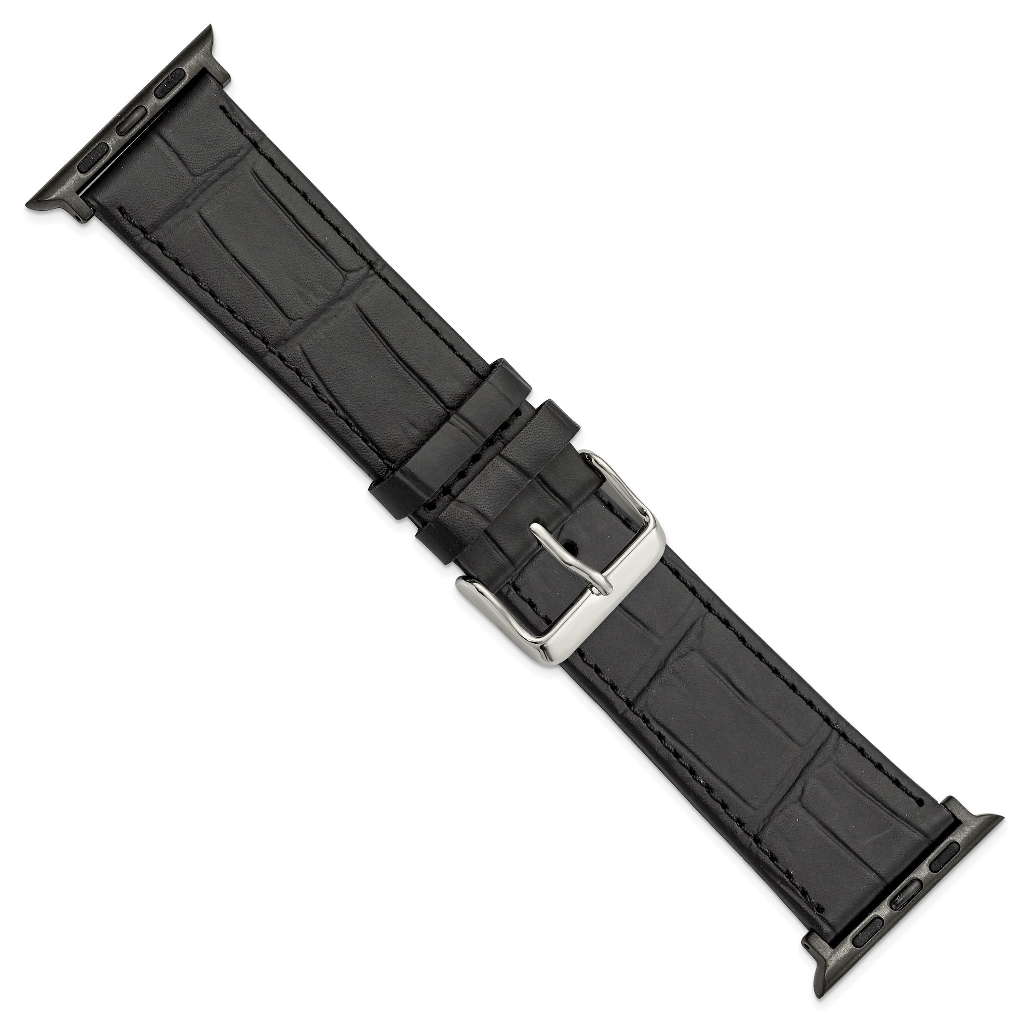 for Apple 38/40mm Smart Watch Black Gator Grain Calfskin Leather with Black Adapters and Stainless Steel Buckle 7.5 inch Watch Band
