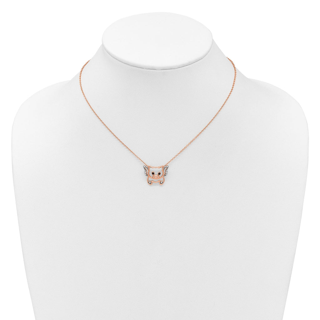 Cheryl M Sterling Silver Rose Gold-plated Polished Black and White CZ Flying Pig 16 Inch with 2 Inch Extension Necklace