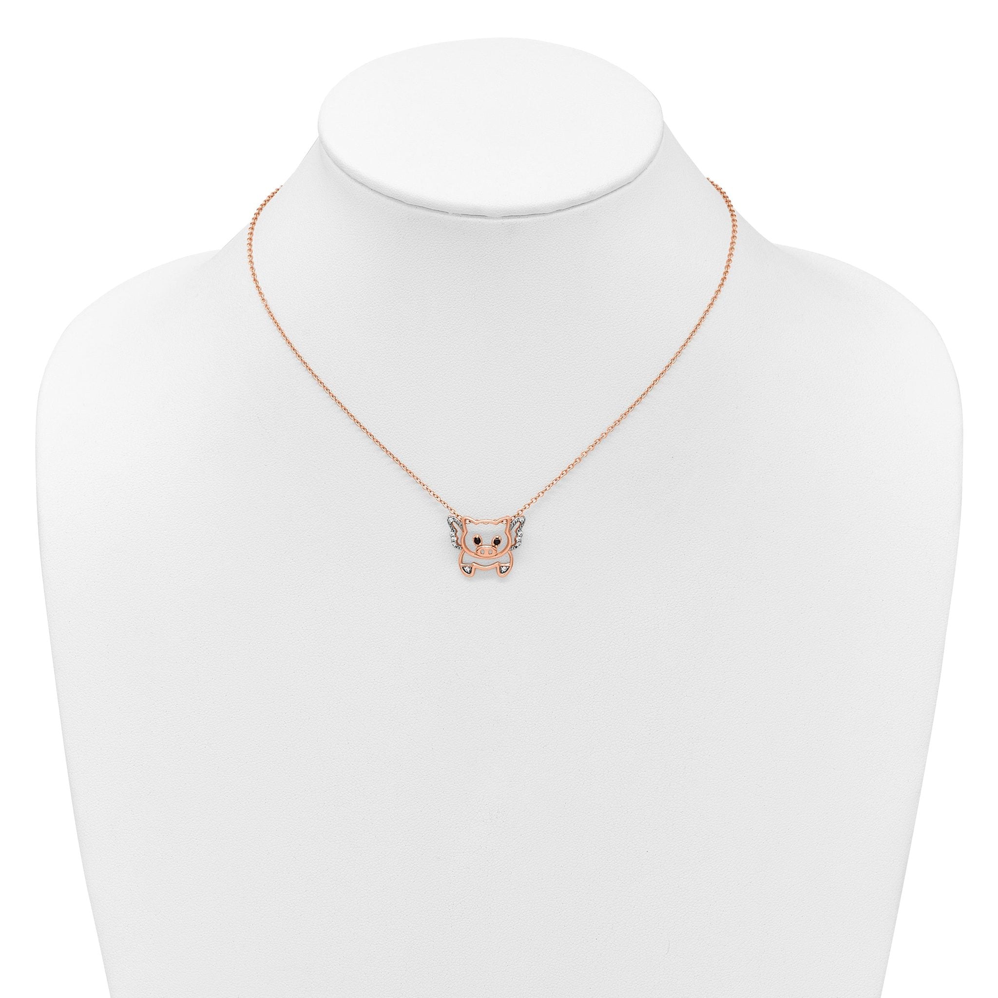 Cheryl M Sterling Silver Rose Gold-plated Polished Black and White CZ Flying Pig 16 Inch with 2 Inch Extension Necklace