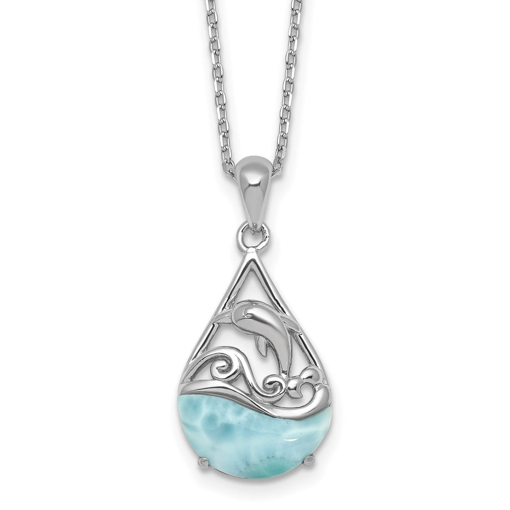 Sterling Silver Rhodium-plated Polished Larimar Dolphin Teardrop 16 Inch with 2 Inch Extension Necklace