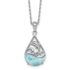 Sterling Silver Rhodium-plated Polished Larimar Dolphin Teardrop 16 Inch with 2 Inch Extension Necklace