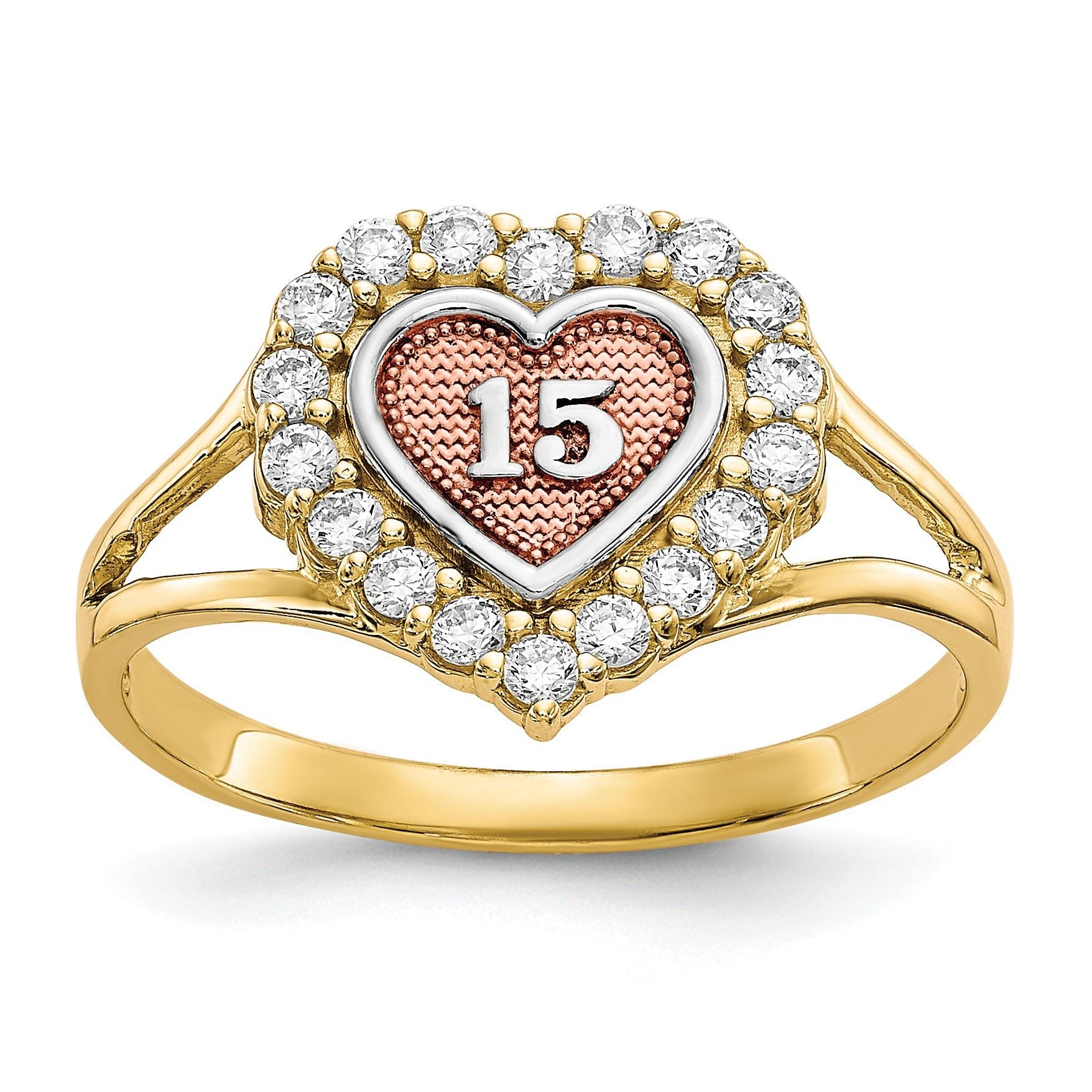 10k Two-tone with White Rhodium Sweet 15 CZ Heart Ring Main image