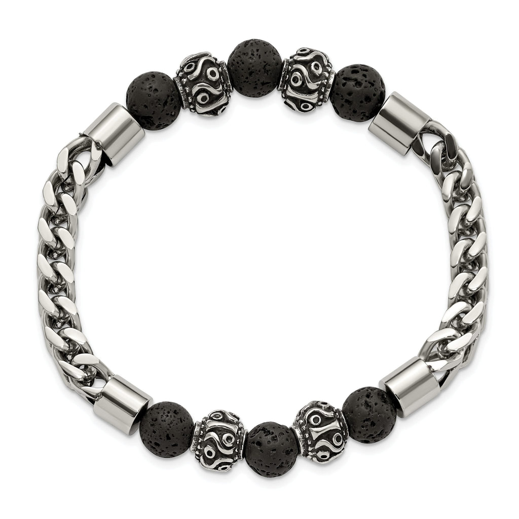 Stainless Steel Antiqued and Polished with 8mm Lava Stone Beaded Stretch Bracelet