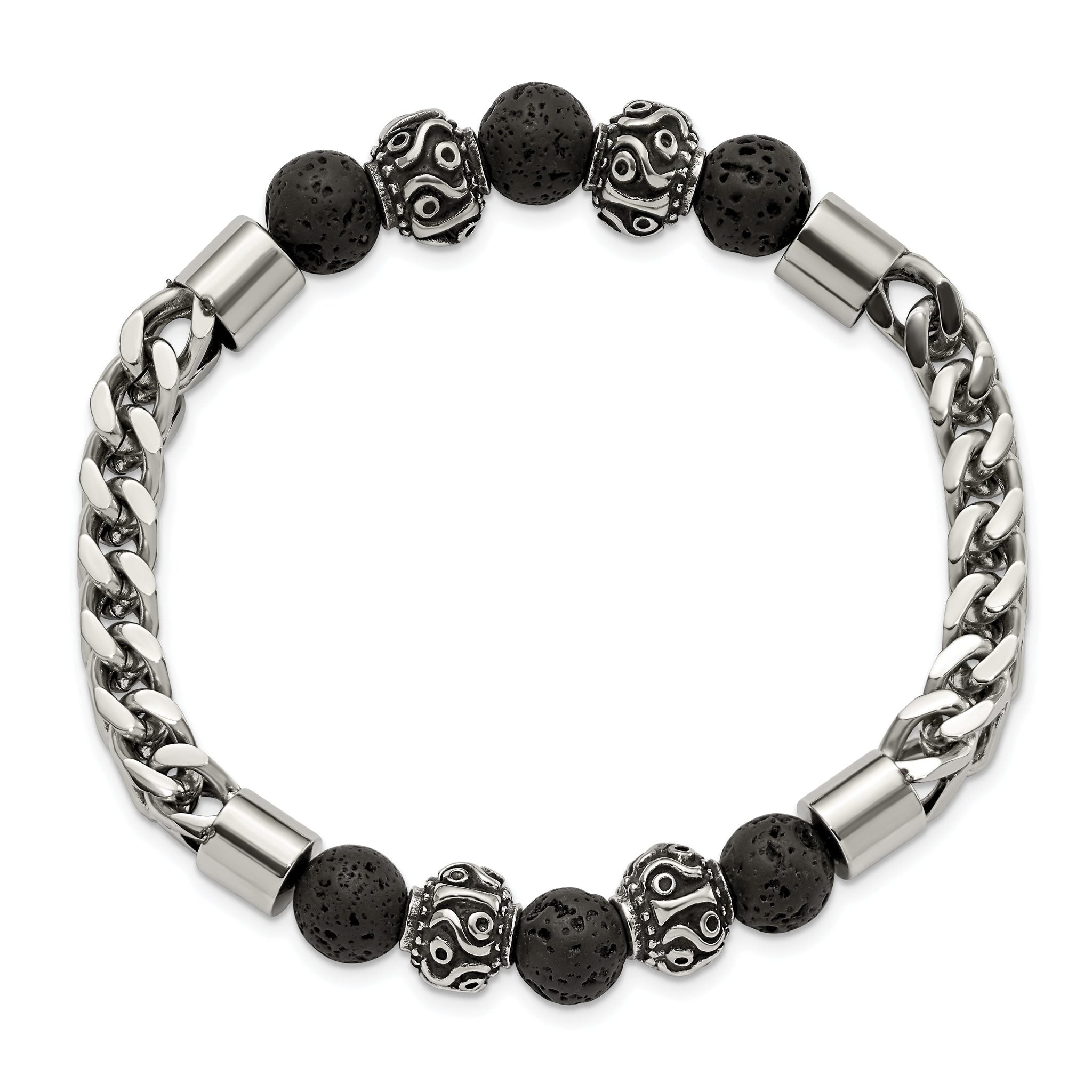 Stainless Steel Antiqued and Polished with 8mm Lava Stone Beaded Stretch Bracelet