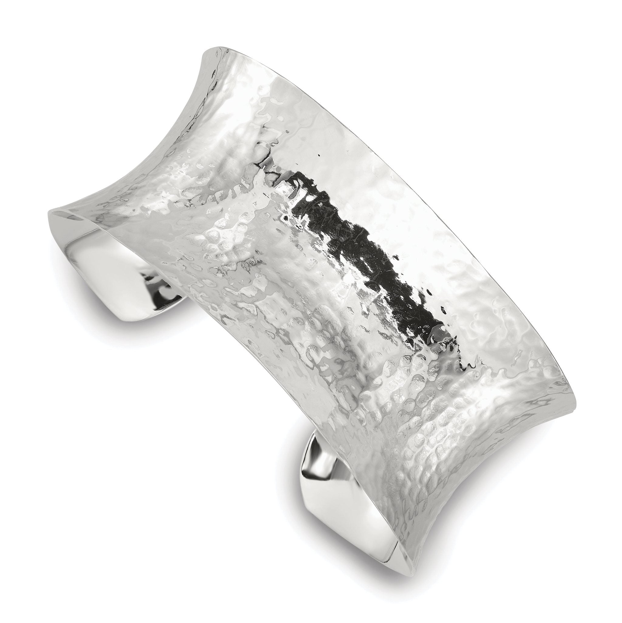 Sterling Silver Polished 30mm Concave Hammered Cuff Bangle Main image