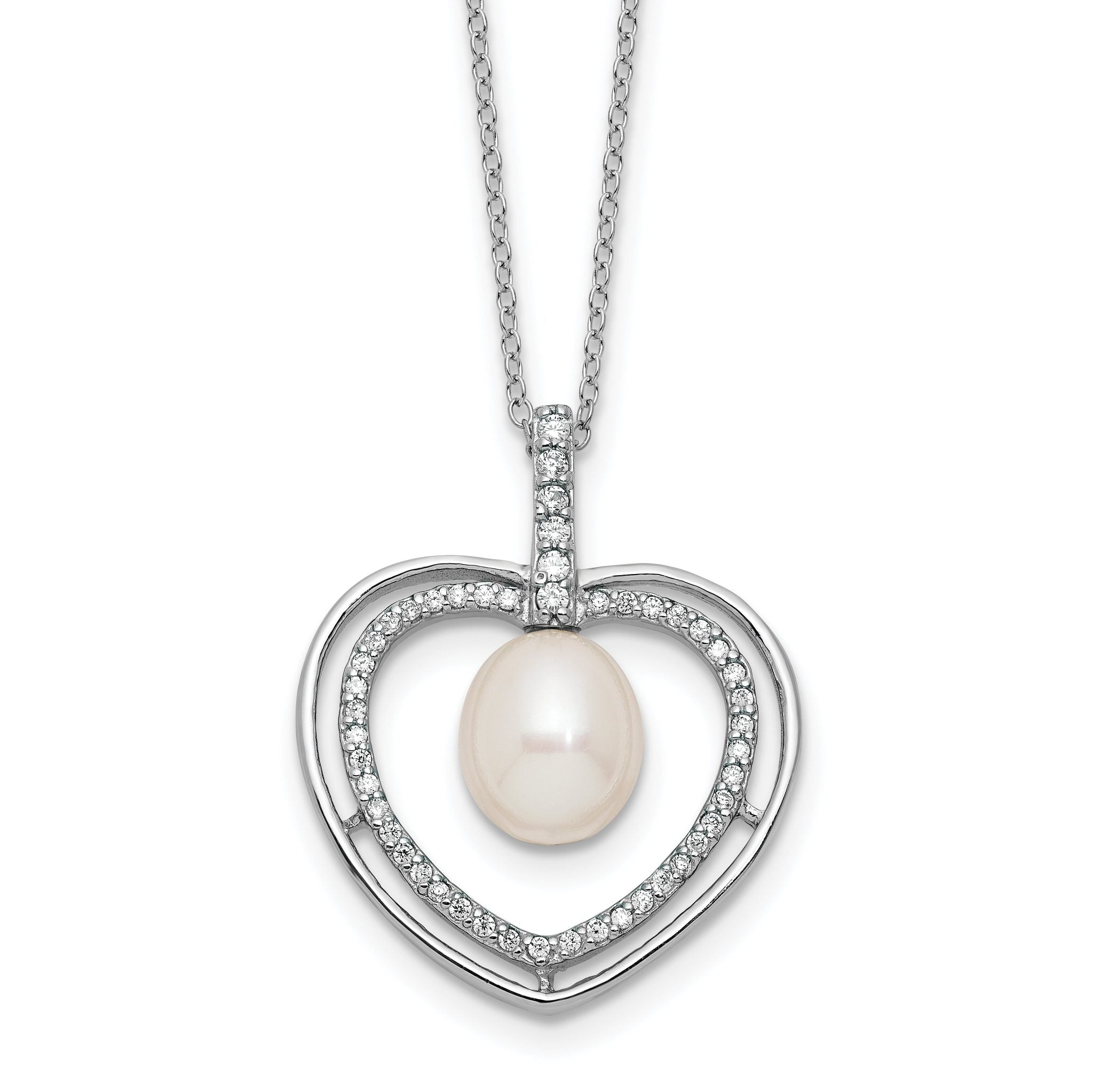 Sterling Silver Rhodium-plated 8-9mm Rice White Freshwater Cultured Pearl and CZ Open Heart 17 inch Necklace Main image