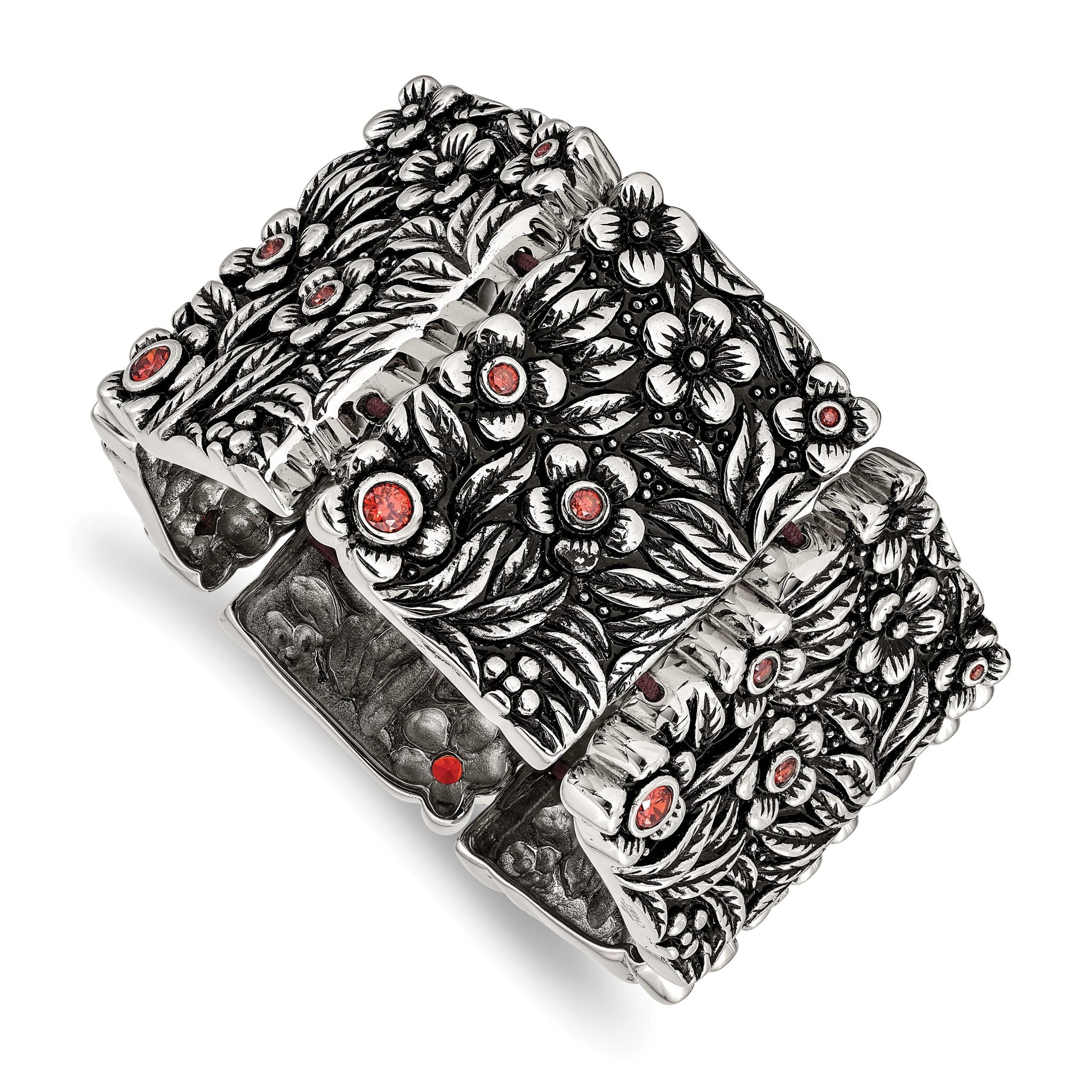 Stainless Steel Antiqued and Polished with Red Cubic Zirconia Stretch Bracelet for Women Main image