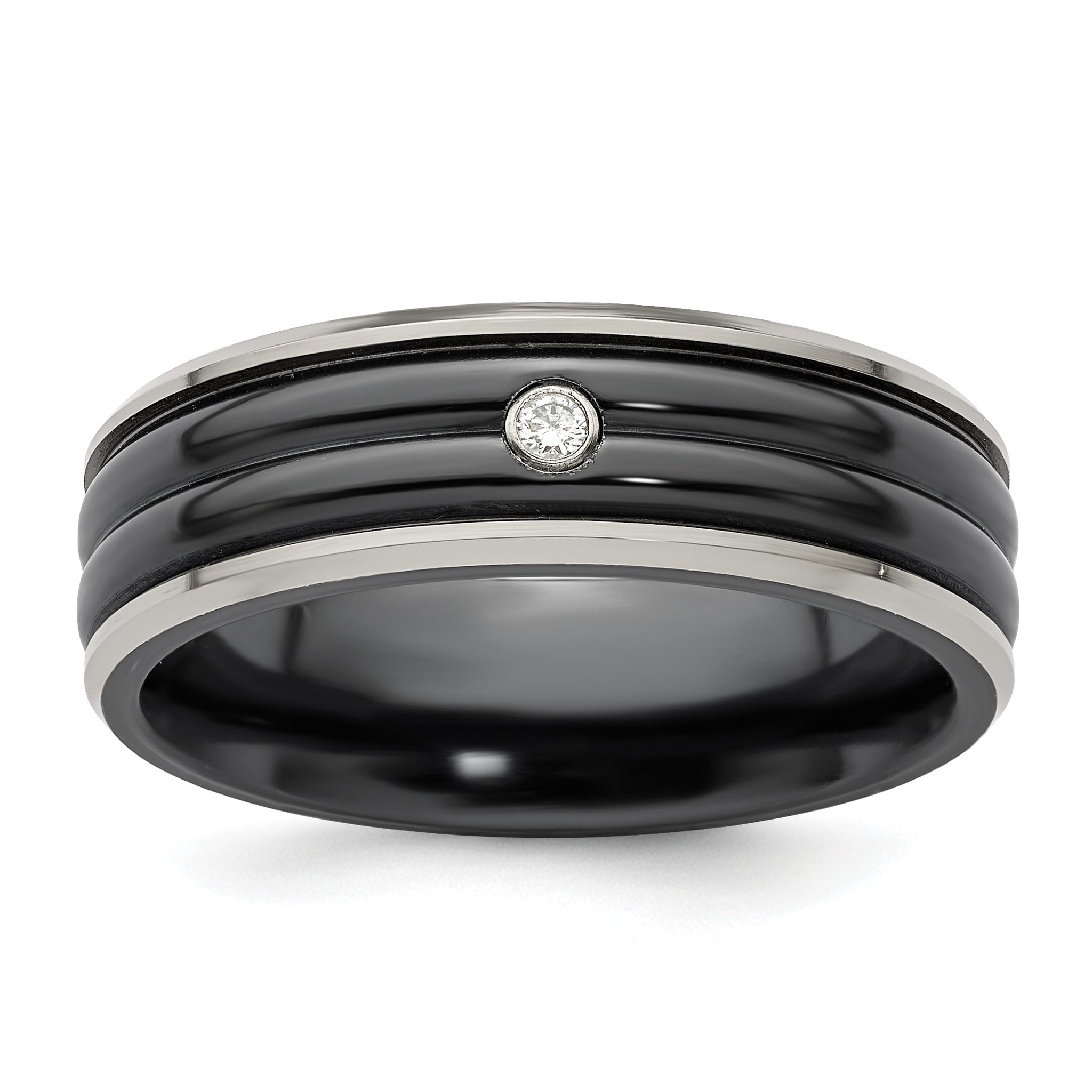 Edward Mirell Black Ti with Grey Titanium Edge .03 carat Diamond with Sterling Silver Bezel 7mm Band Main image