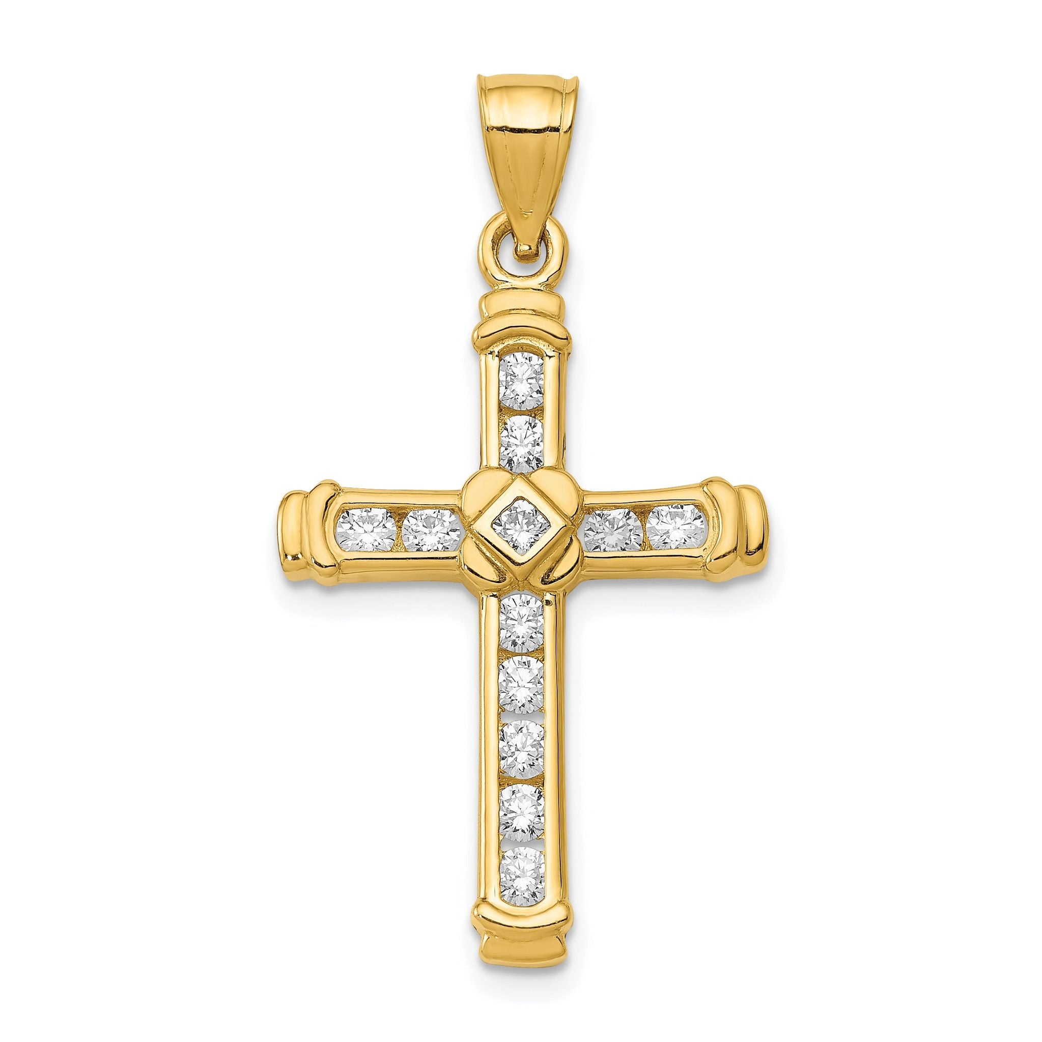 14K Gold CZ Cross Pendant with 12 Clear Stones  Elegant and Timeless Design