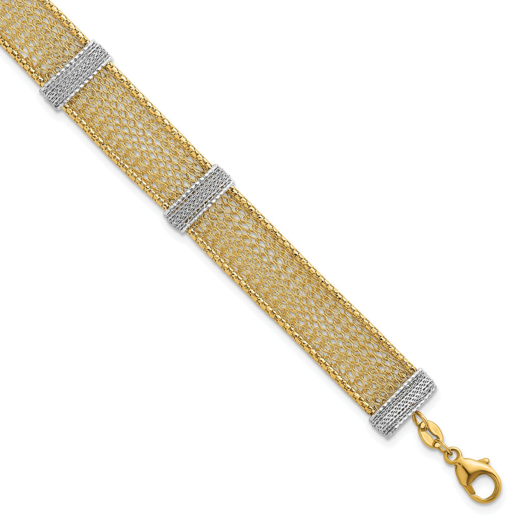 14k Two-tone Textured 10.6mm Mesh 6.75 inch Bracelet Plus 1 inch Extender