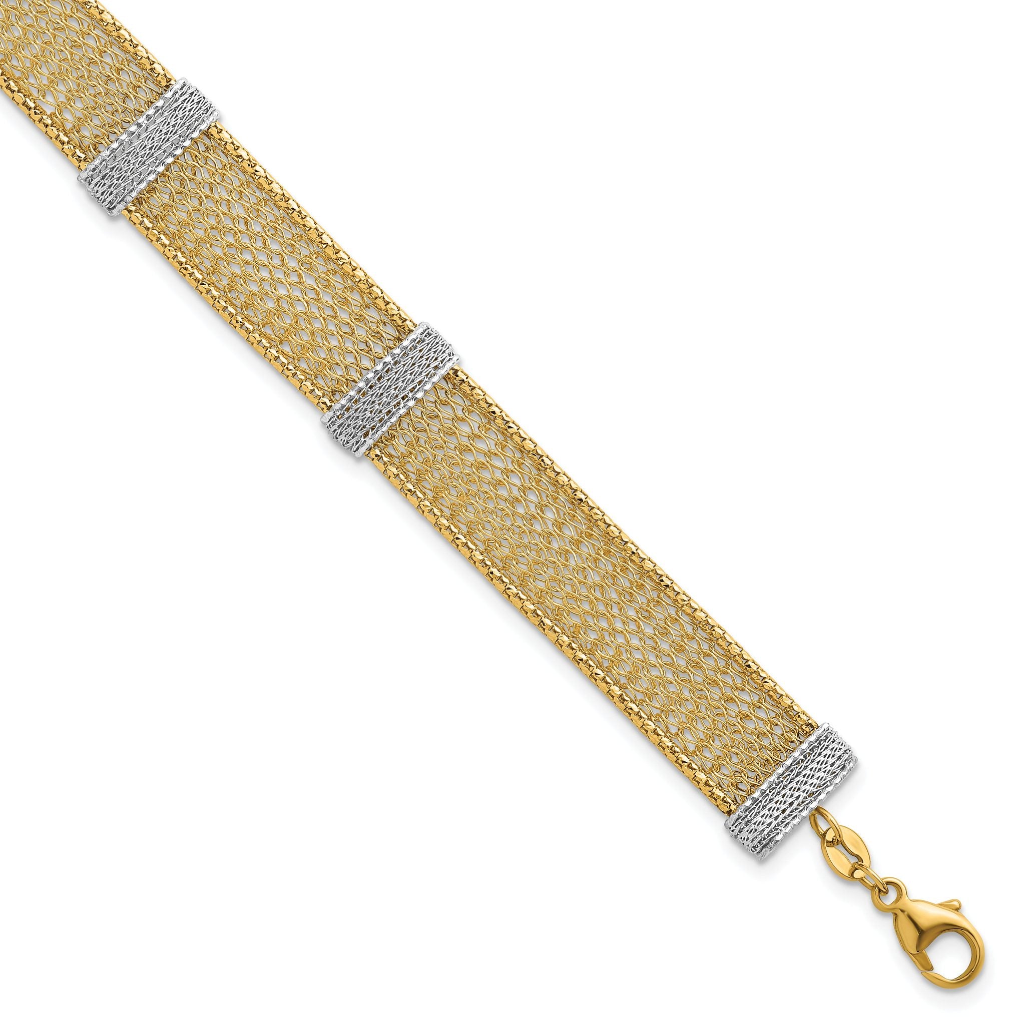 14k Two-tone Textured 10.6mm Mesh 6.75 inch Bracelet Plus 1 inch Extender