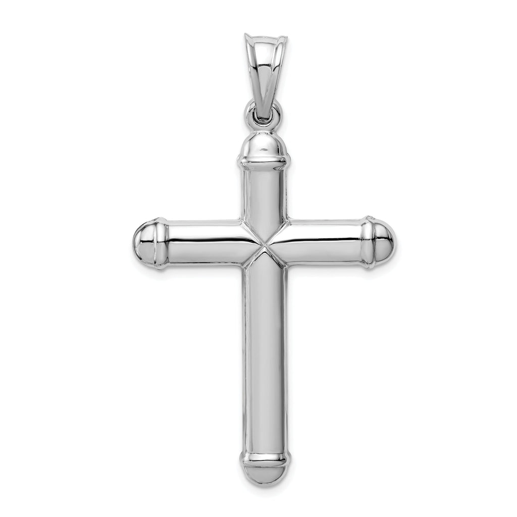 14K White Gold Hollow Cross Pendant with Rhodium Plating 3D Design