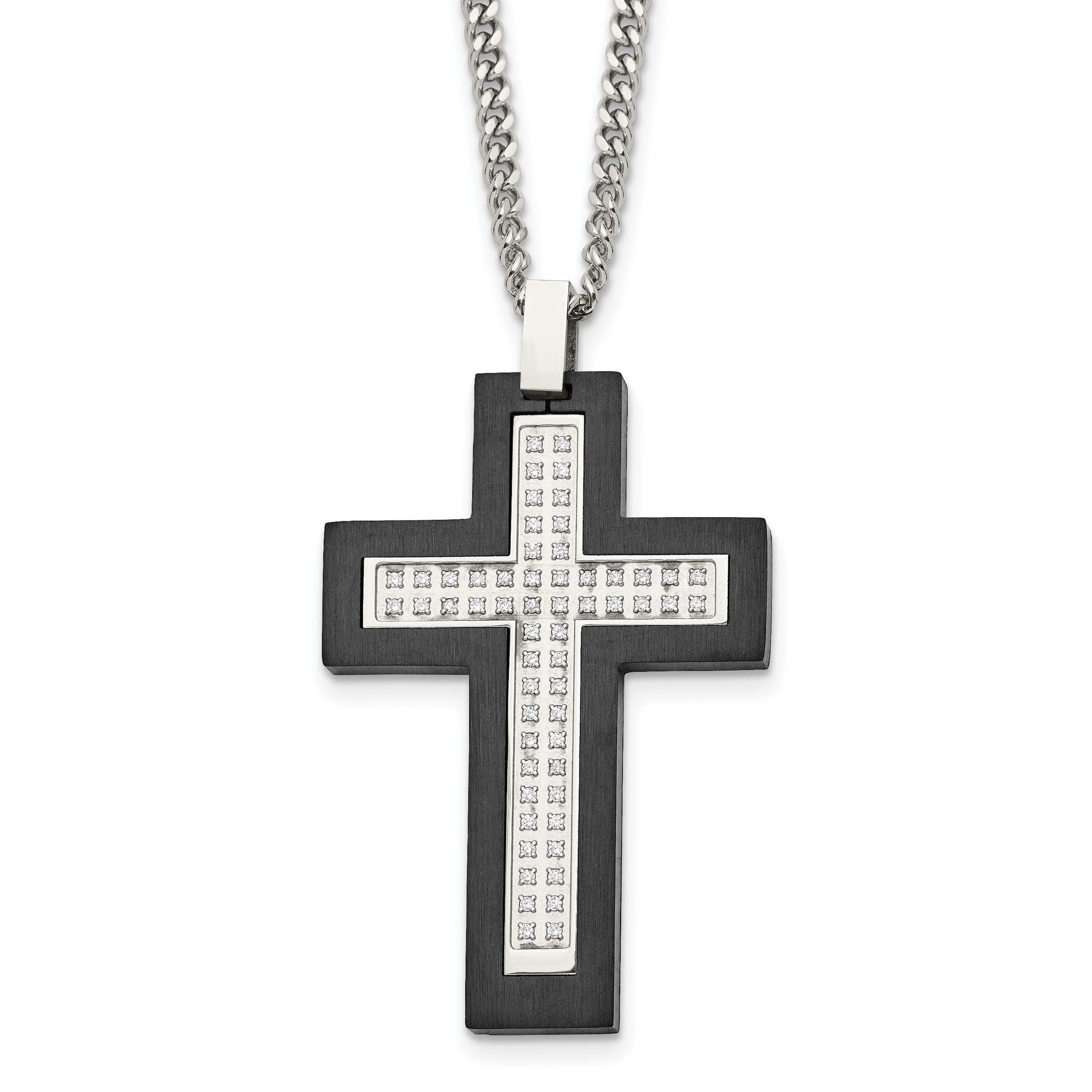 Chisel Stainless Steel Brushed and Polished Black IP -plated Edges CZ Cross Pendant on a 24 inch Cable Chain Necklace Main image