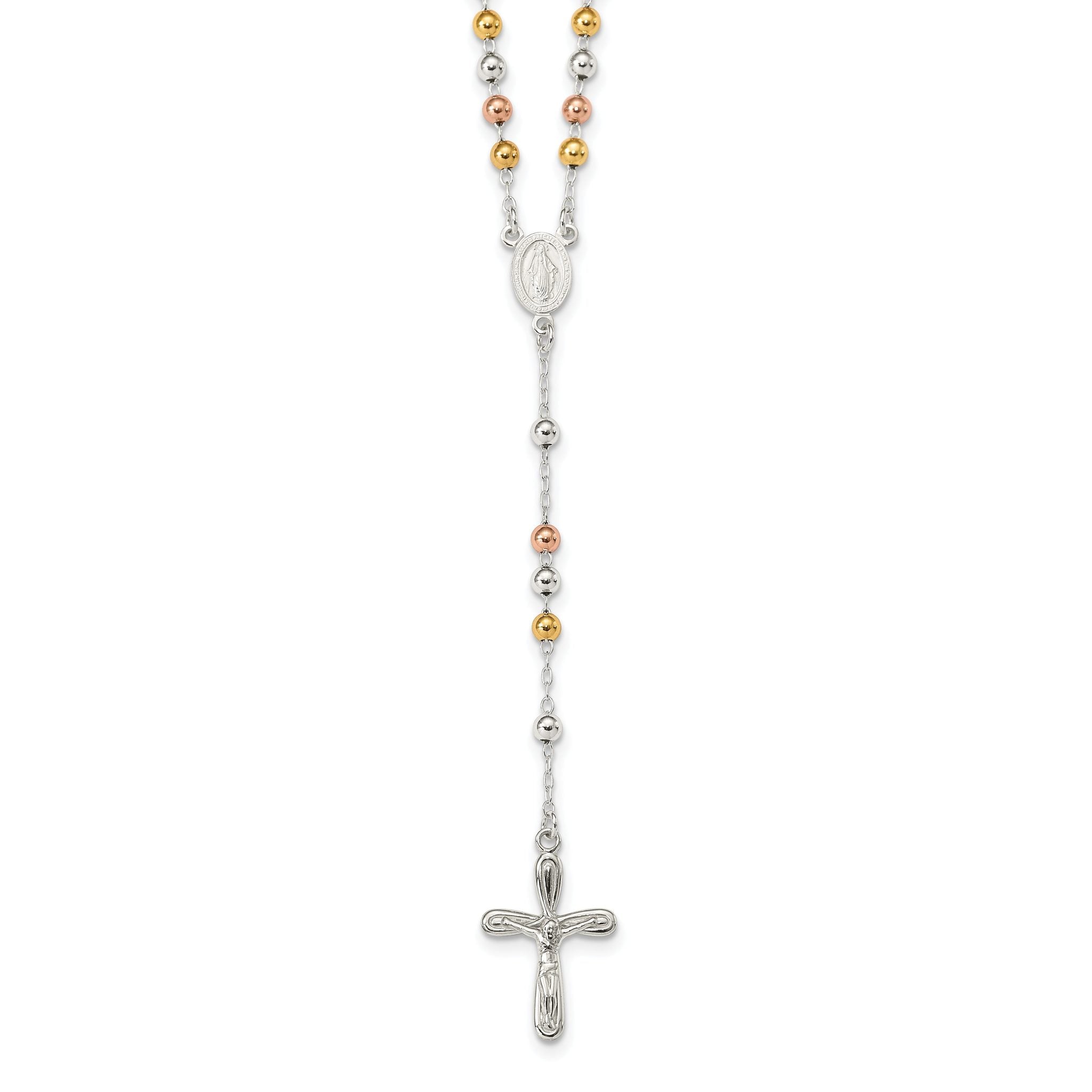 Sterling Silver 925 Polished Rosary Necklace with Tri-Color Beads Main image