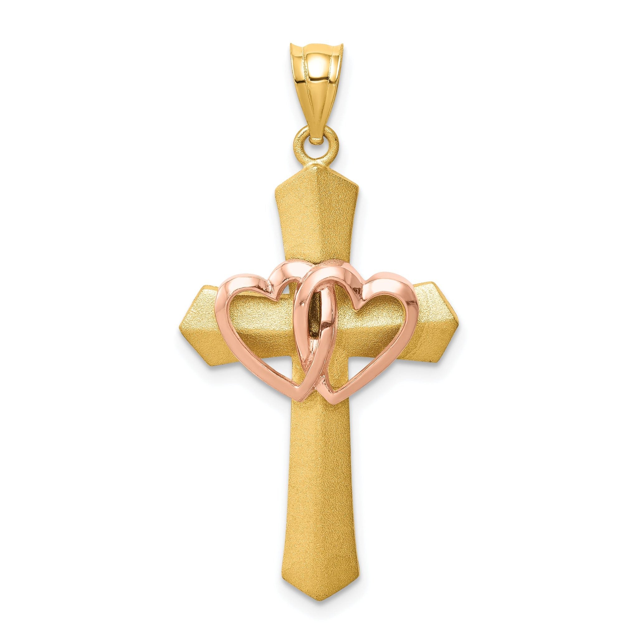 14K Two-Tone Gold Double Heart Cross Charm Pendant Solid, Elegant Design Main image
