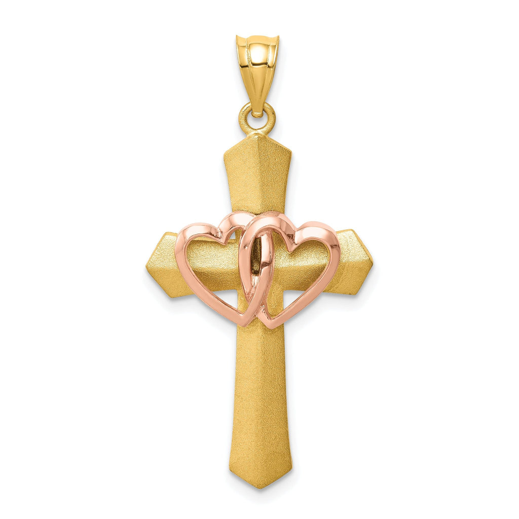14K Two-Tone Gold Double Heart Cross Charm Pendant Solid, Elegant Design