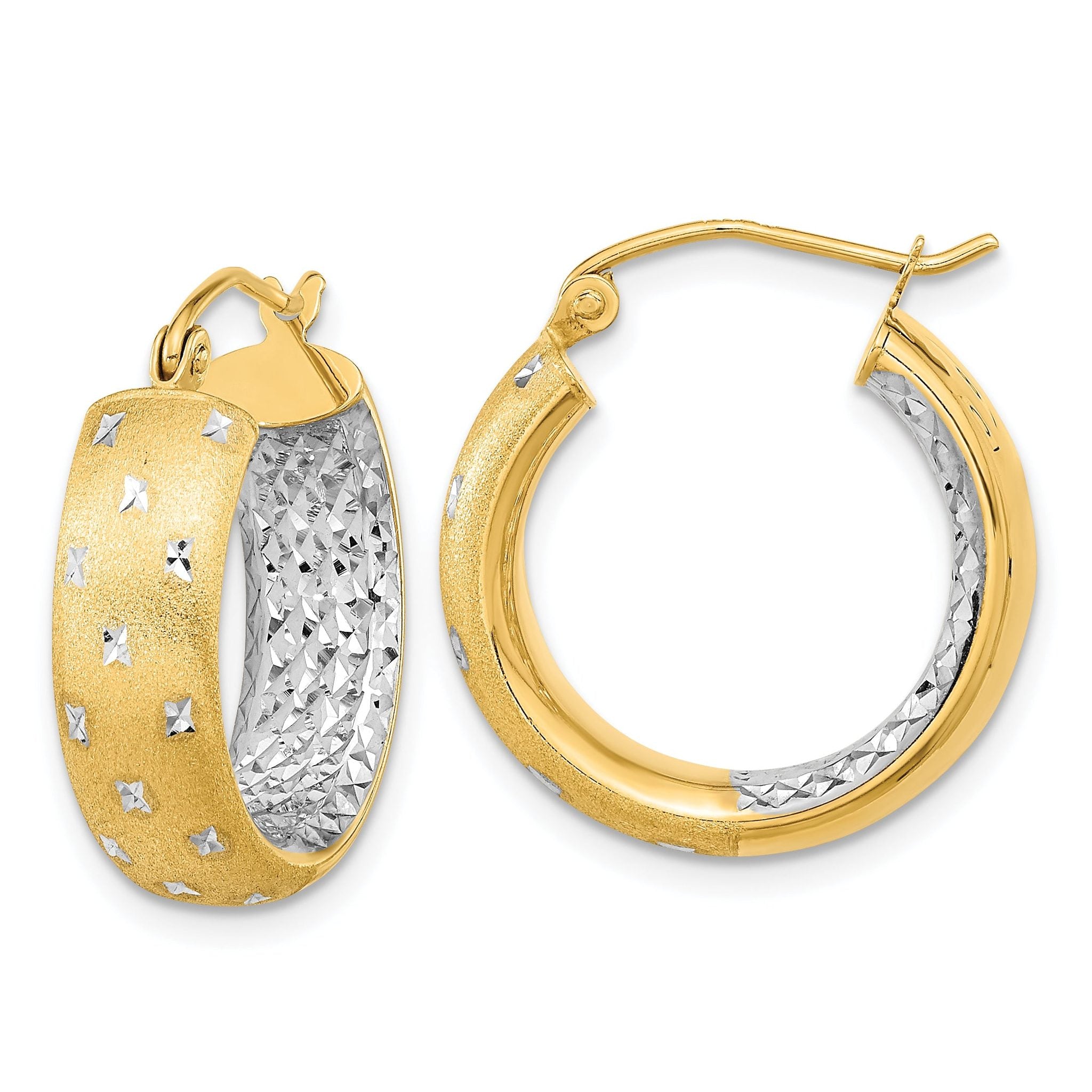 14k White Rhodium Polished Satin Diamond-cut In/Out Hoop Earrings