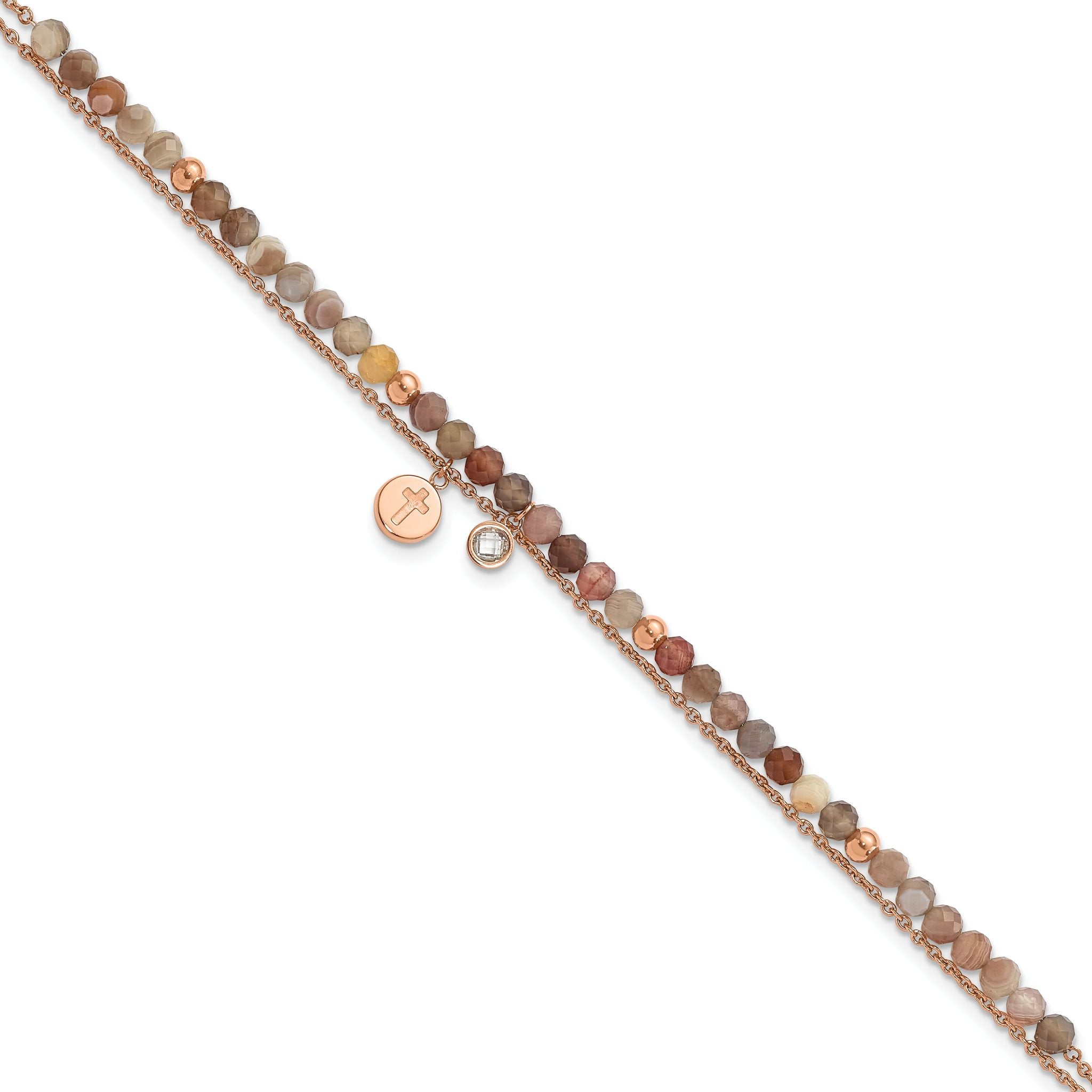 Chisel Stainless Steel Polished Rose IP-plated with Crystal and Imitation Sardonyx Cross 9 inch Anklet Plus 2 inch Extension Main image