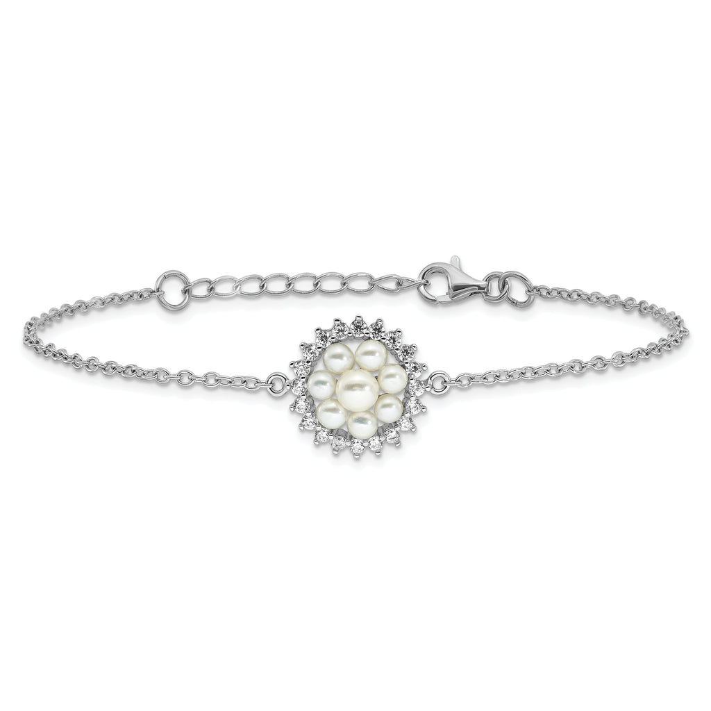 Sterling Silver RH-plated 3-5mm FWC Pearl CZ 7.25in w/1in ext Bracelet