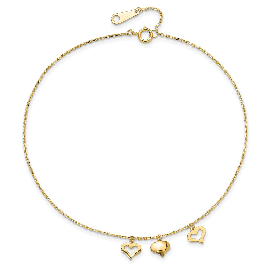 14k Three Heart Dangles 9 inch Plus 1 inch Extender - Total 10 inch Anklet