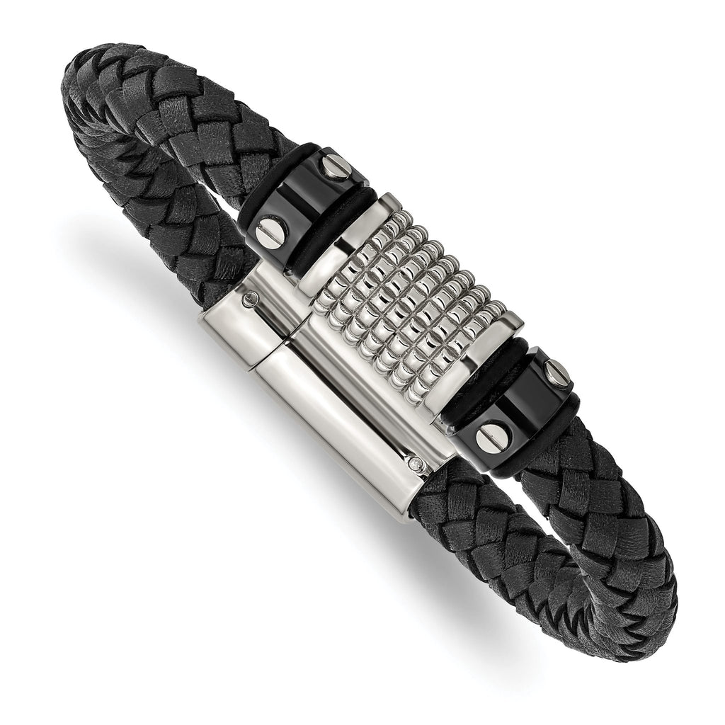 Stainless Steel Polished and Textured Black IP-plated Black Braided Leather and Rubber Bracelet for Men