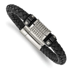 Stainless Steel Polished and Textured Black IP-plated Black Braided Leather and Rubber Bracelet for Men