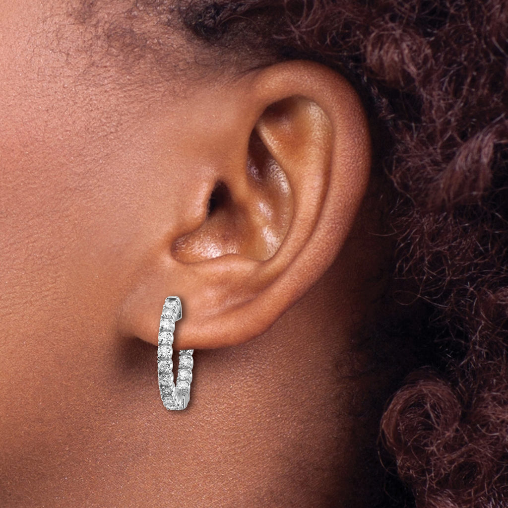14k White Gold 1.5 carat Diamond Round In/Out Hoop w/Safety Clasp Earrings
