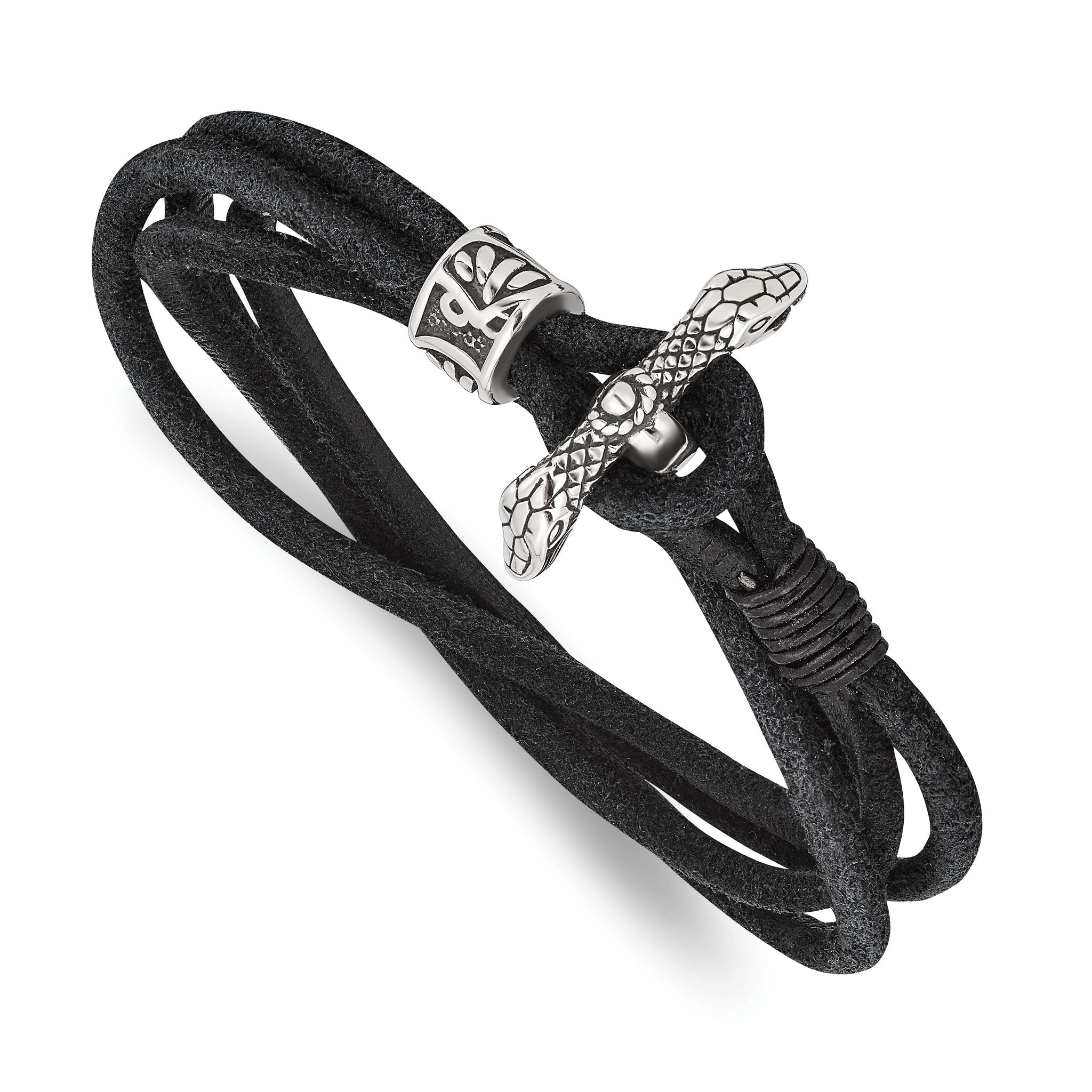 Stainless Steel Antiqued and Polished Snake Heads Black Suede Wrap Bracelet Main image