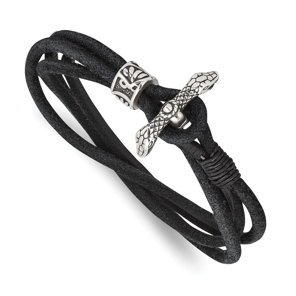 Stainless Steel Antiqued and Polished Snake Heads Black Suede Wrap Bracelet