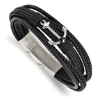 Stainless Steel Polished Anchor Black PU Leather Bracelet with . Extension