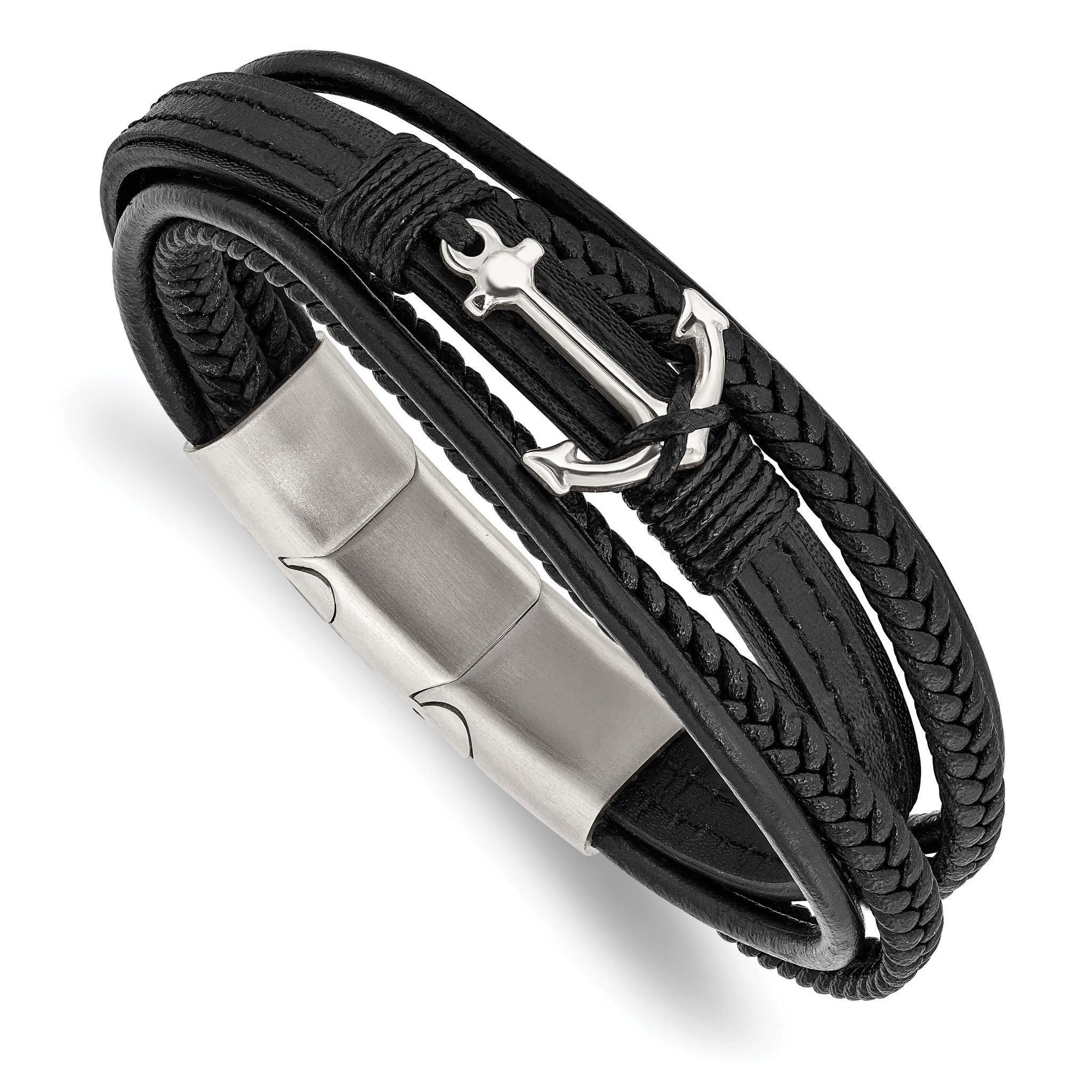 Stainless Steel Polished Anchor Black PU Leather Bracelet with . Extension