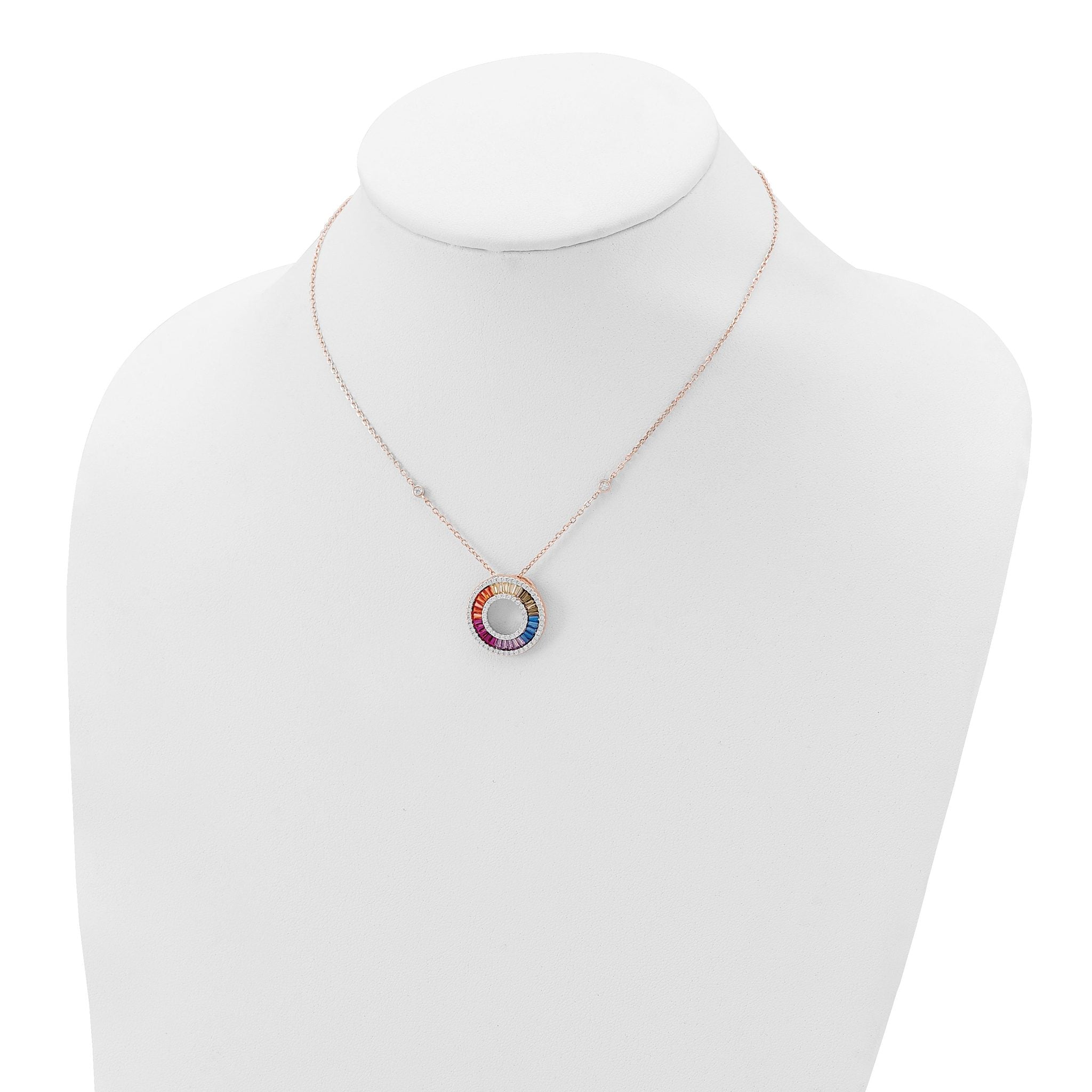 Prizma Sterling Silver Rose-tone 14K Flash Rose Gold-plated 16 inch Colorful Baguettes CZ Circle Necklace with 2 inch Extender