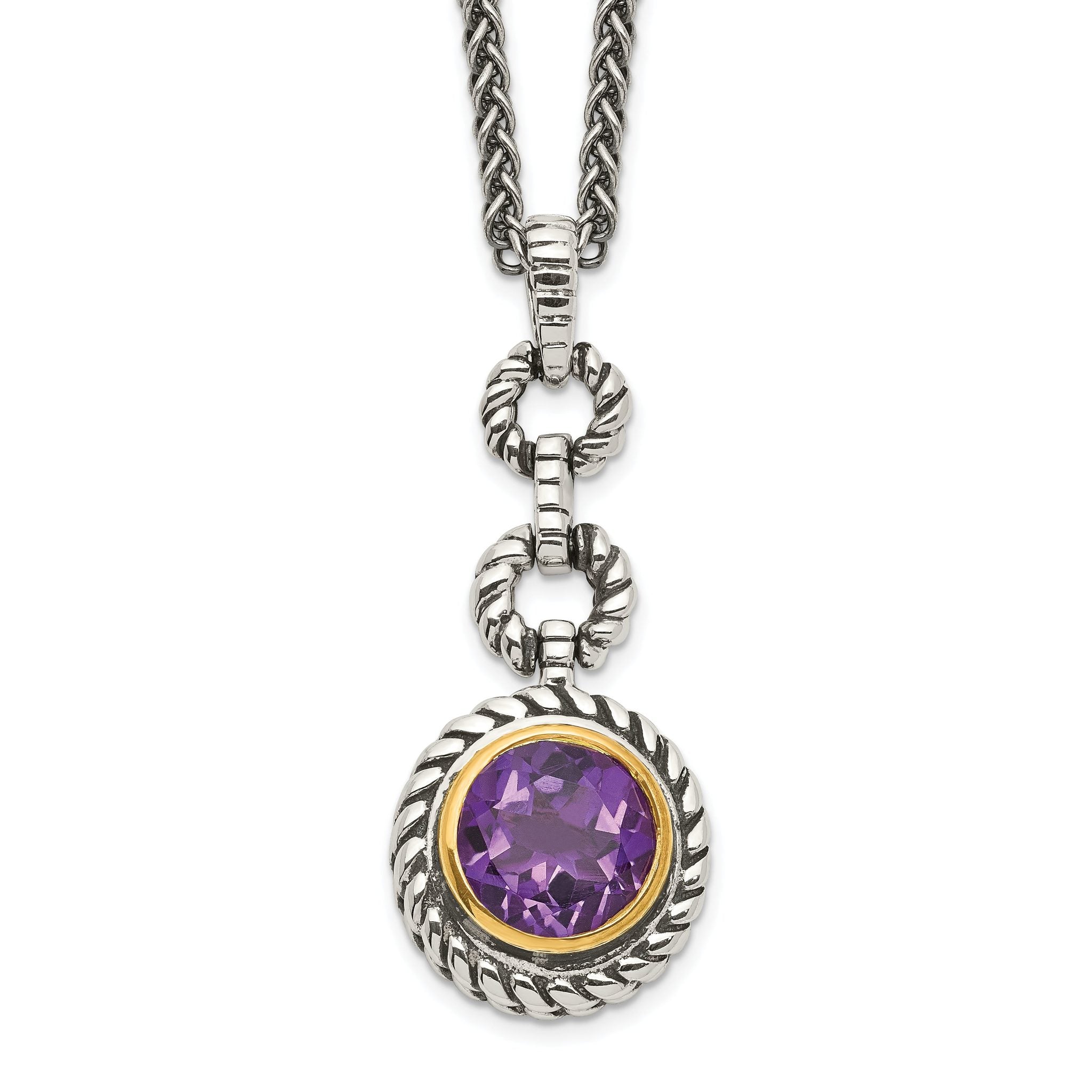 Shey Couture Sterling Silver Gold-tone Flash Gold-plated 18 Inch Antiqued Round Bezel Amethyst Necklace Main image