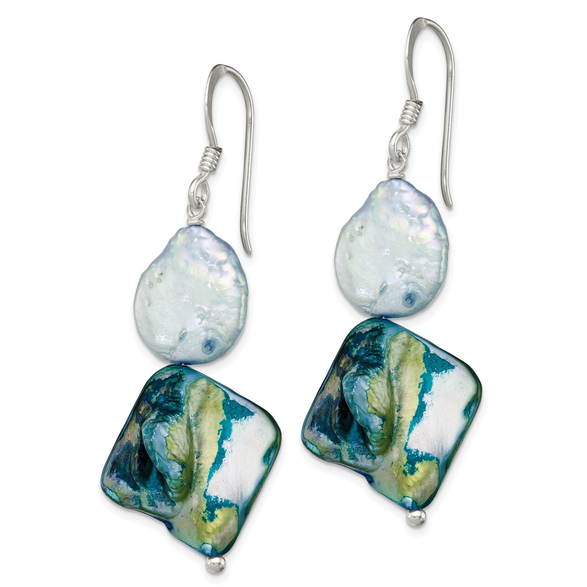 Sterling Silver Polished Blue MOP & White FWC Pearl Dangle Earrings Secondary image