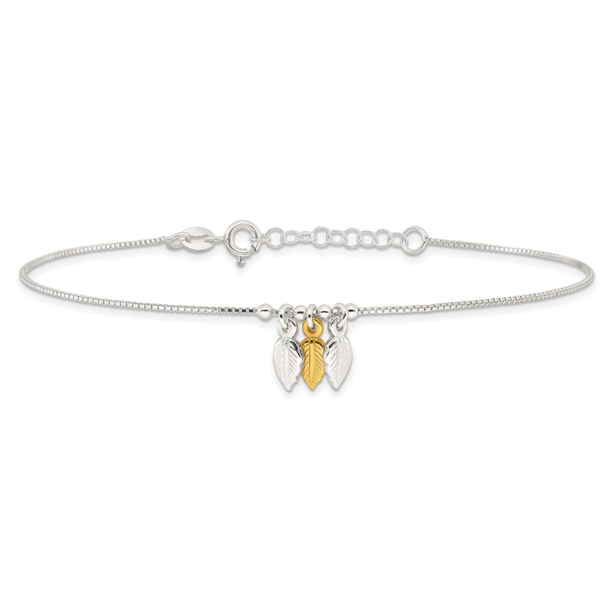 Sterling Silver Gold-tone Feathers 9 inch Plus 1 inch Extender - Total 10 inch Anklet