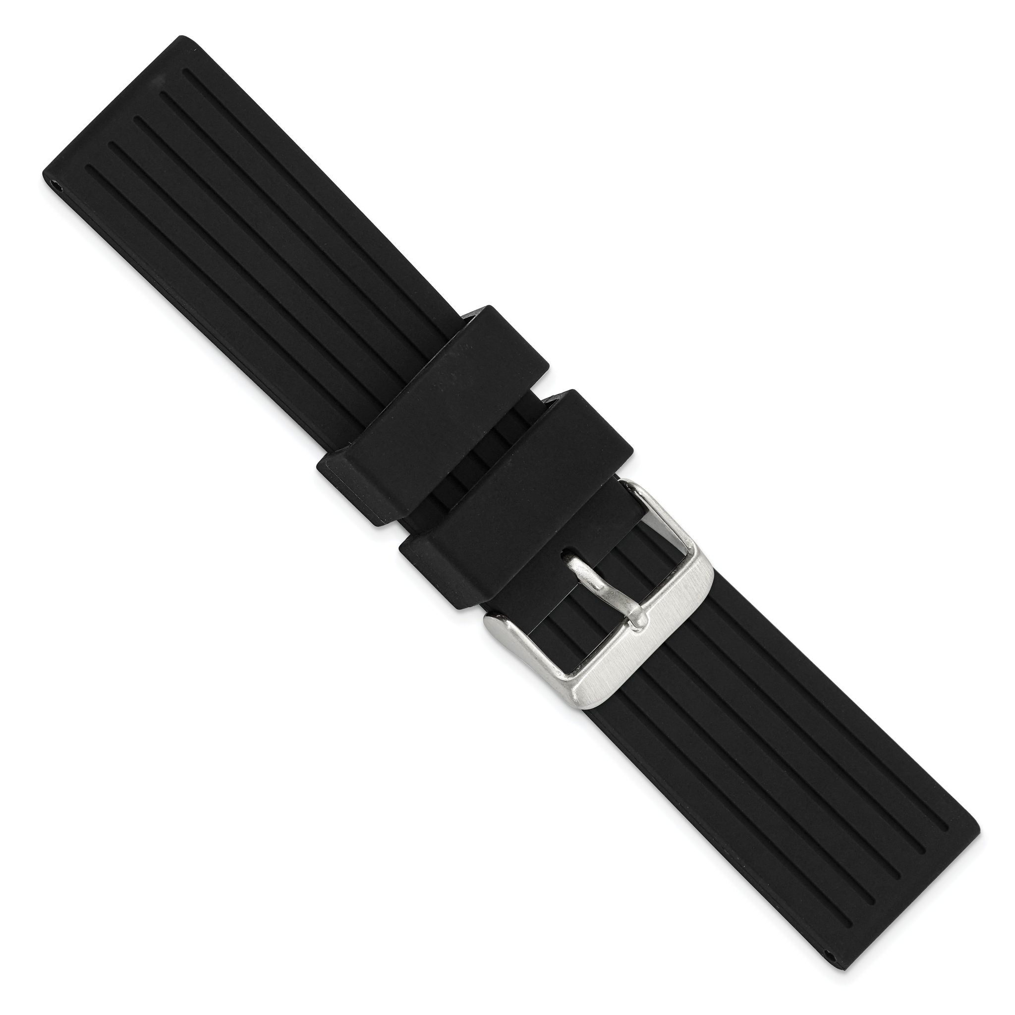 Black Striped Silicone Watch Band in Stainless Steel Buckle, 22mm