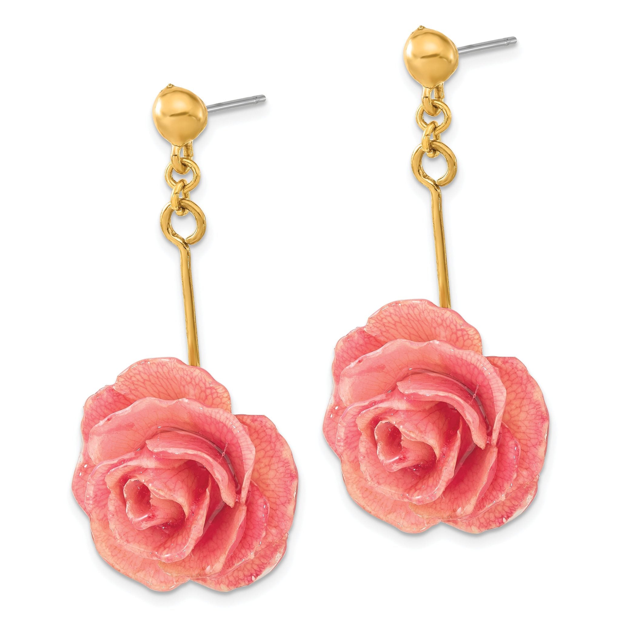 Lacquer Dipped Pink Real Rose Gold-tone Dangle Post Earrings Secondary image
