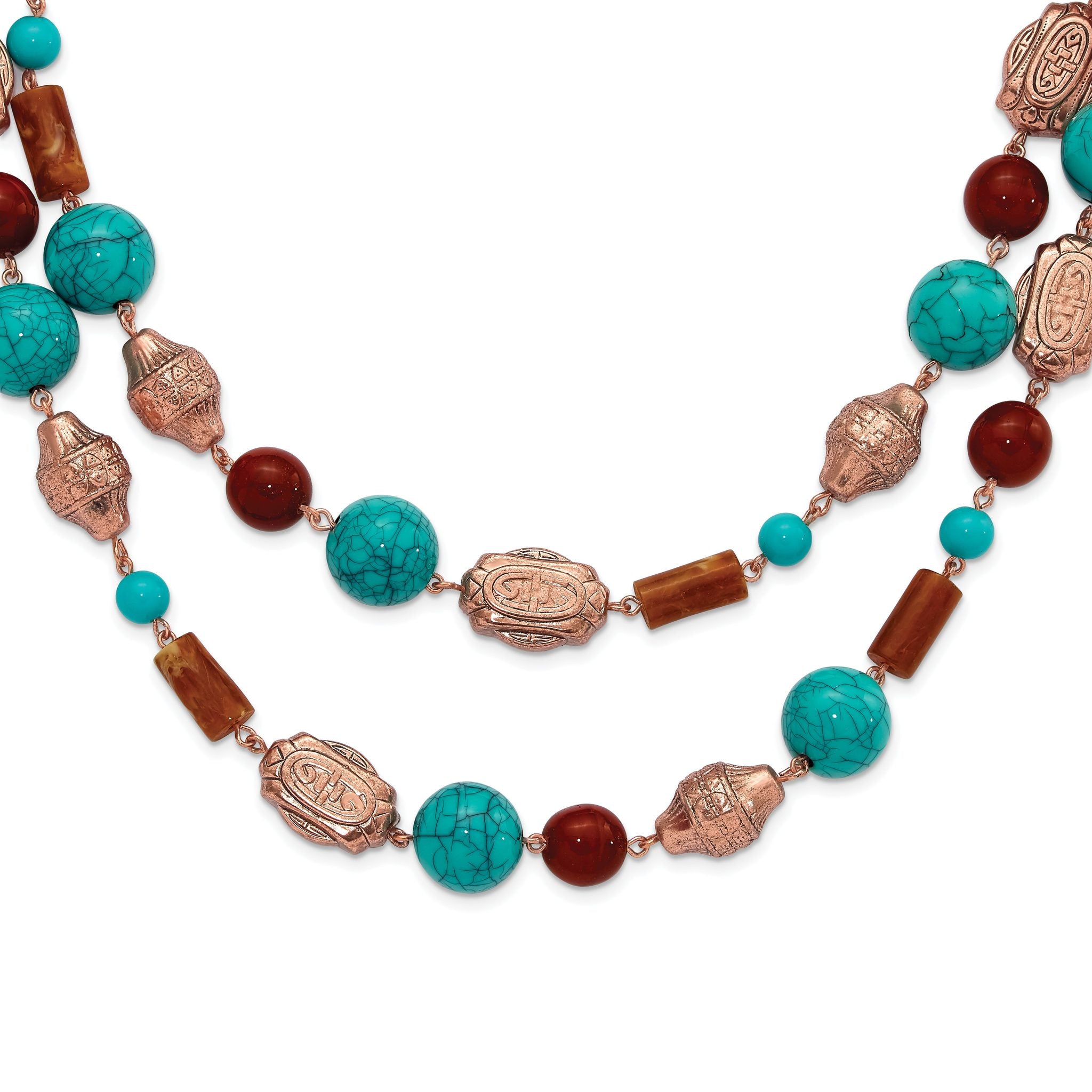 1928 Jewelry Copper-tone Pattern Aqua Blue and Brown Acrylic Beads Long 44 inch Necklace Main image