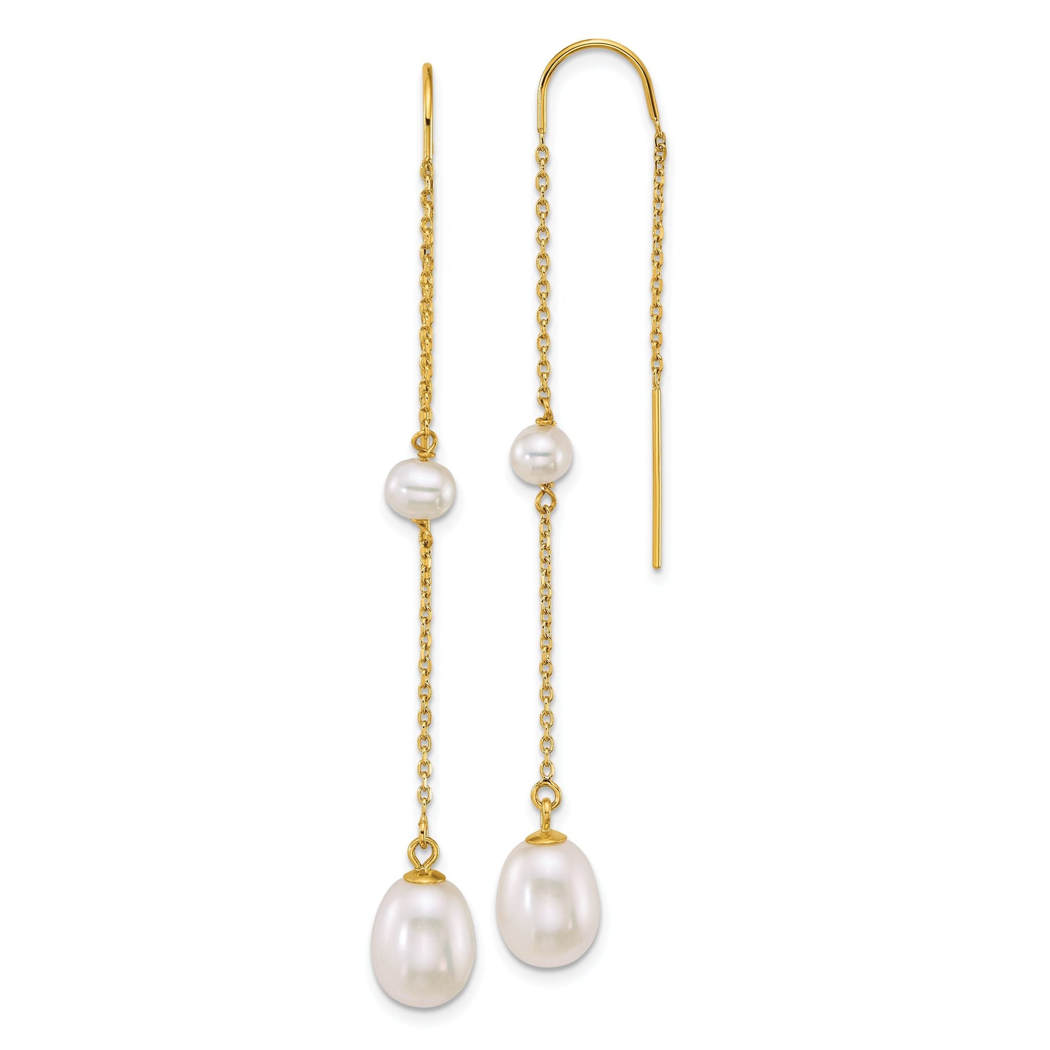 14k Polished 4-5mm Near Round and 7-8mm Teardrop White Freshwater Cultured Pearl and Chain Threader Earrings Main image