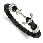 Stainless Steel Polished Anchor Black Braided Leather Bracelet for Men